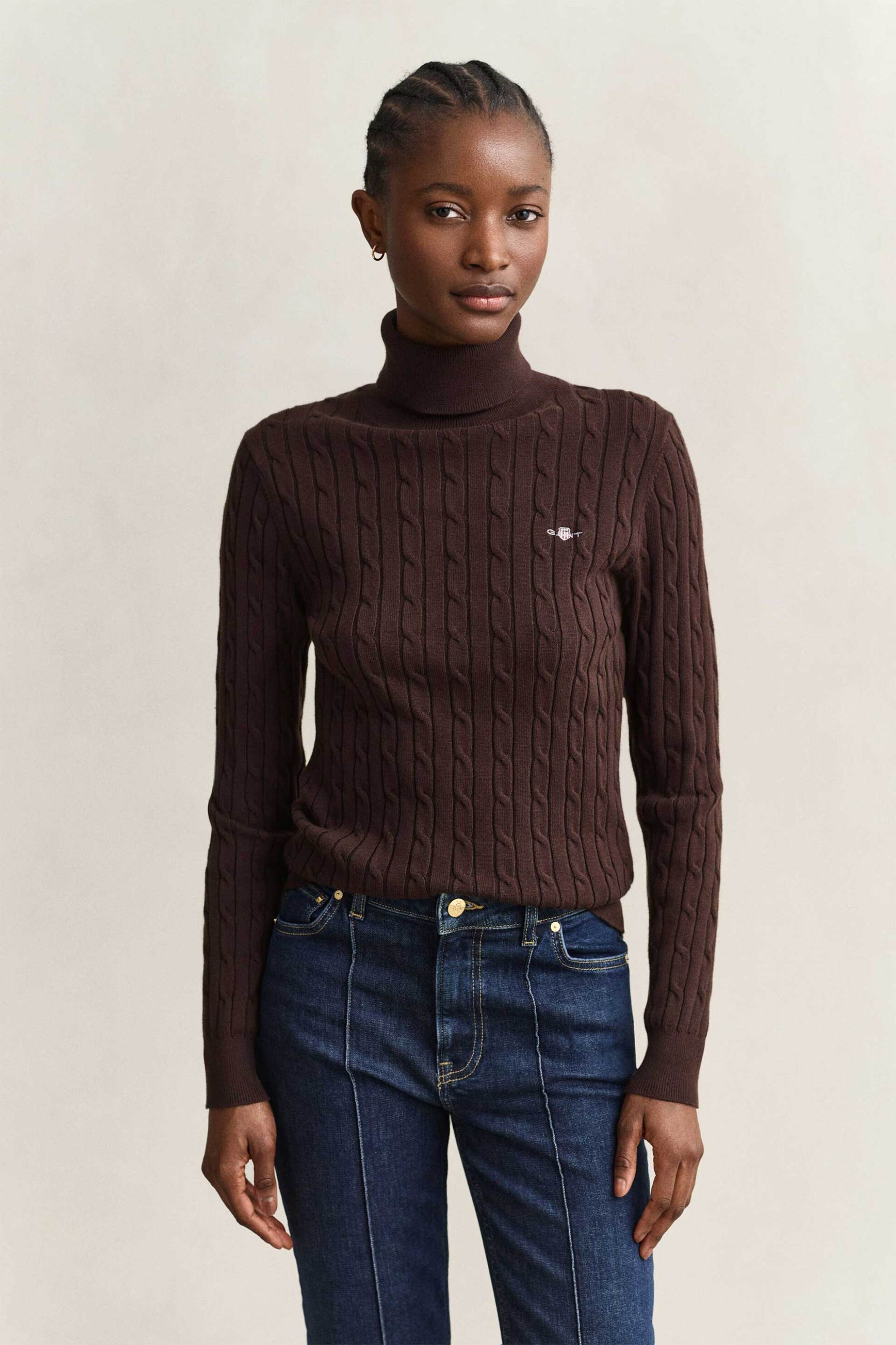 Gant γυναικεία πλεκτή μπλούζα ζιβάγκο με cable knit pattern και κεντημένο λογότυπο Slim Fit - 4800102 Καφέ Σκούρο