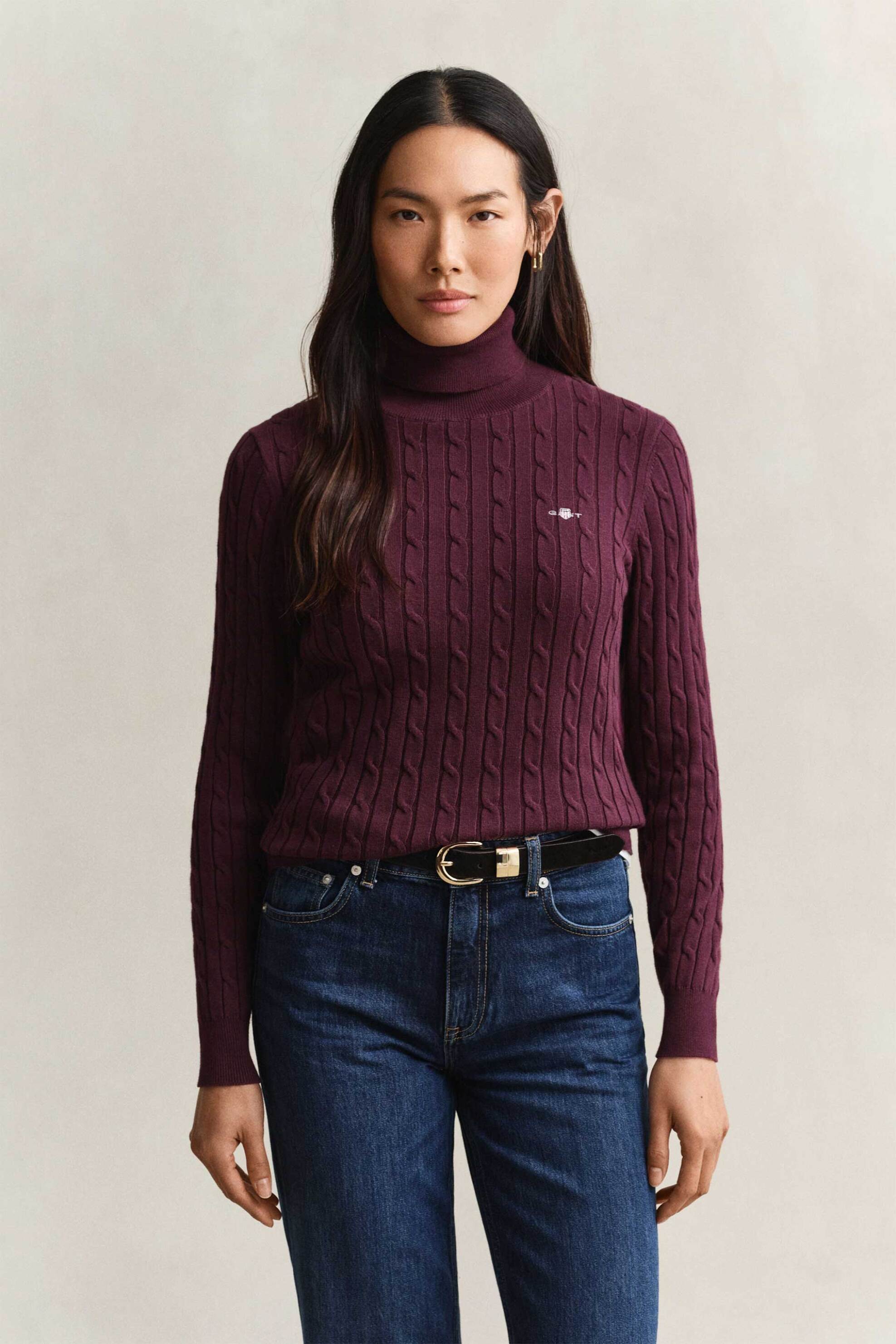 Gant γυναικεία πλεκτή μπλούζα ζιβάγκο με cable knit pattern και κεντημένο λογότυπο Slim Fit - 4800102 Μοβ Σκούρο