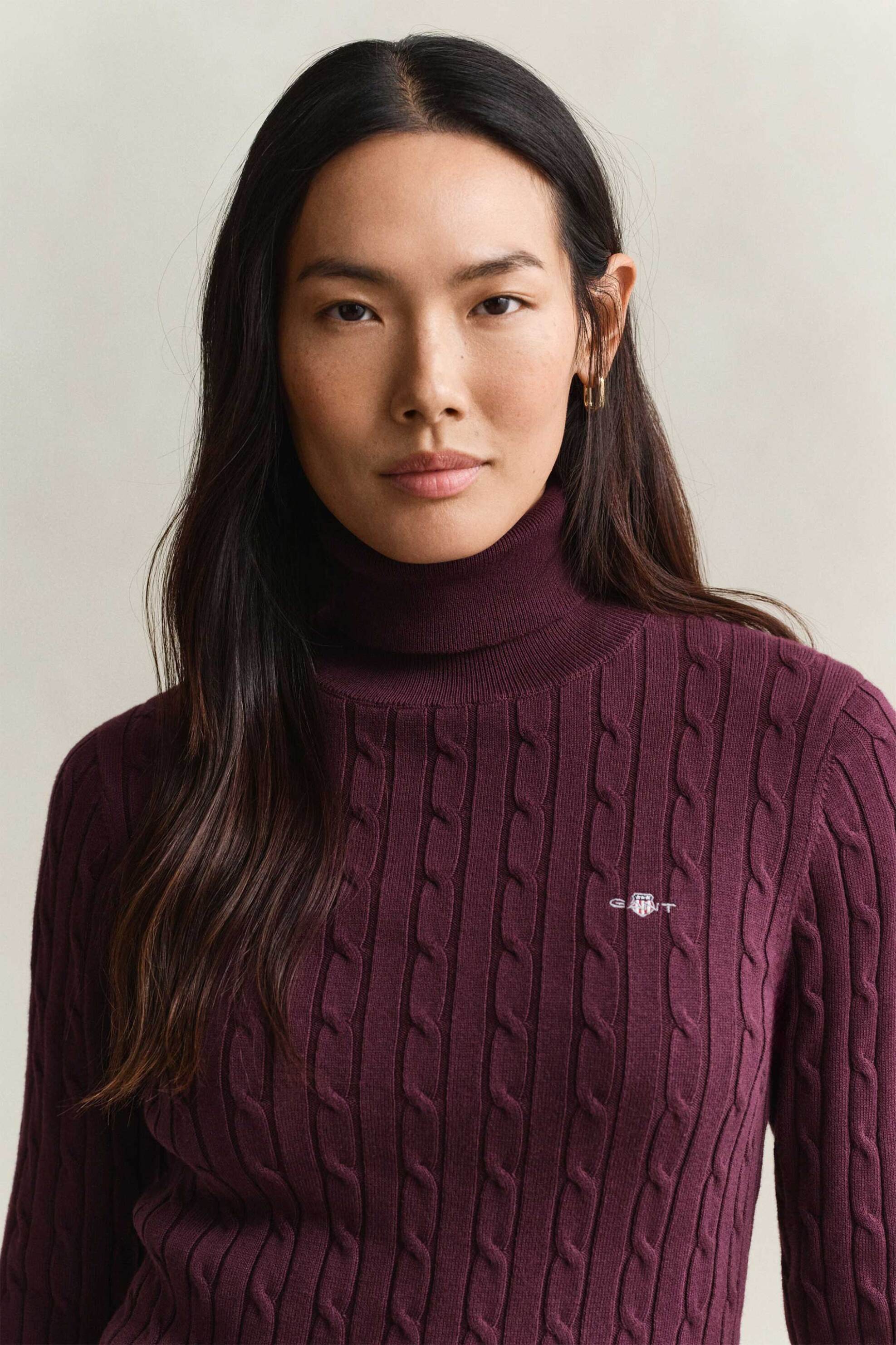 Gant γυναικεία πλεκτή μπλούζα ζιβάγκο με cable knit pattern και κεντημένο λογότυπο Slim Fit - 4800102 Μοβ Σκούρο