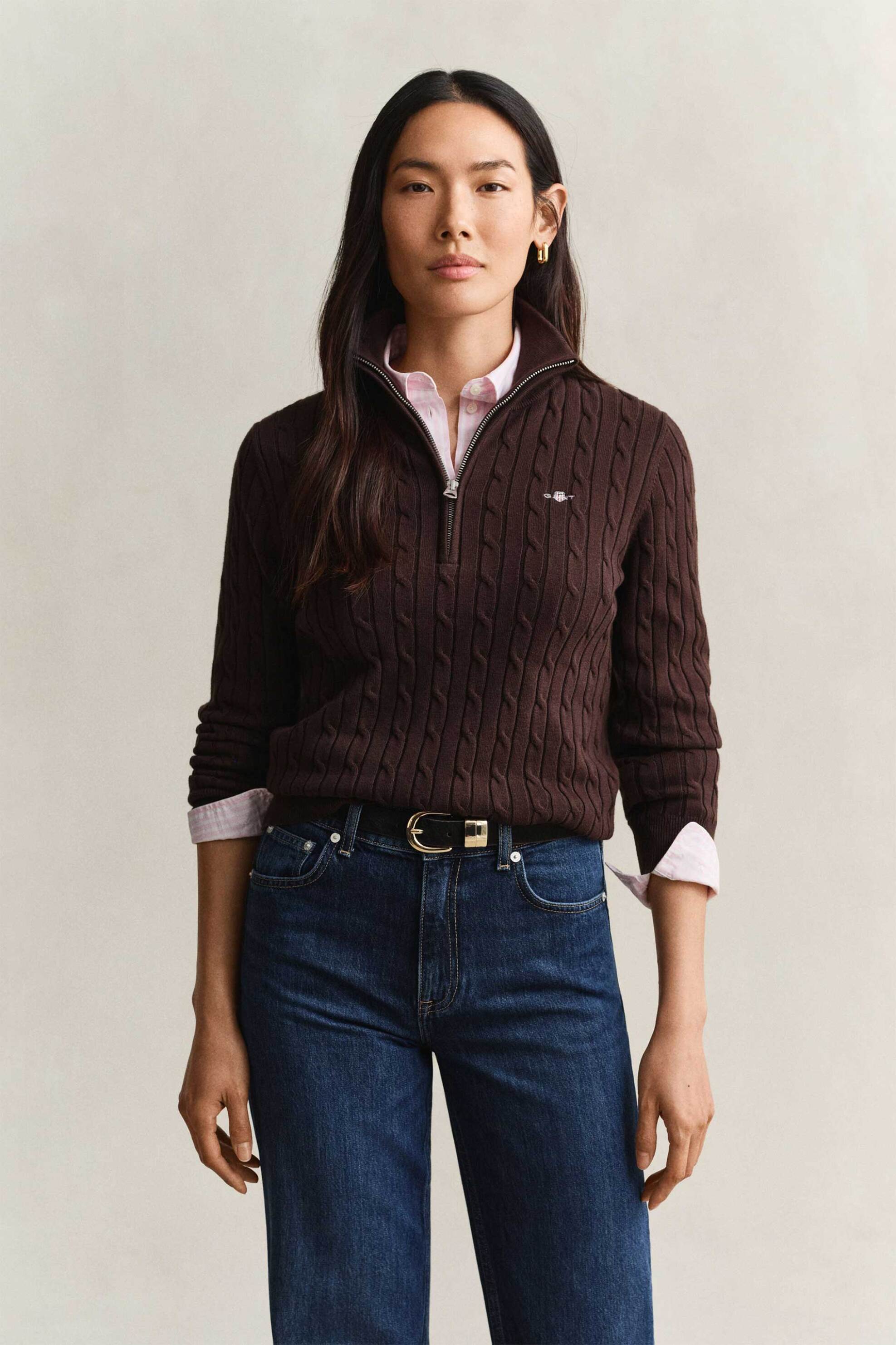 Gant γυναικεία πλεκτή μπλούζα με cable-knit και 1/2 φερμουάρ - 4805418 Καφέ Σκούρο