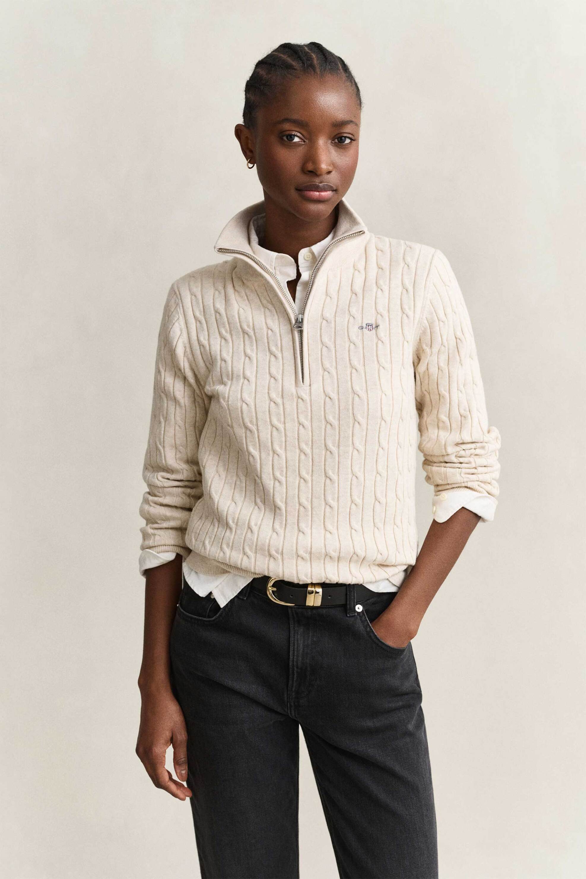 Gant γυναικεία πλεκτή μπλούζα με cable-knit και 1/2 φερμουάρ - 4805418 Κρέμ