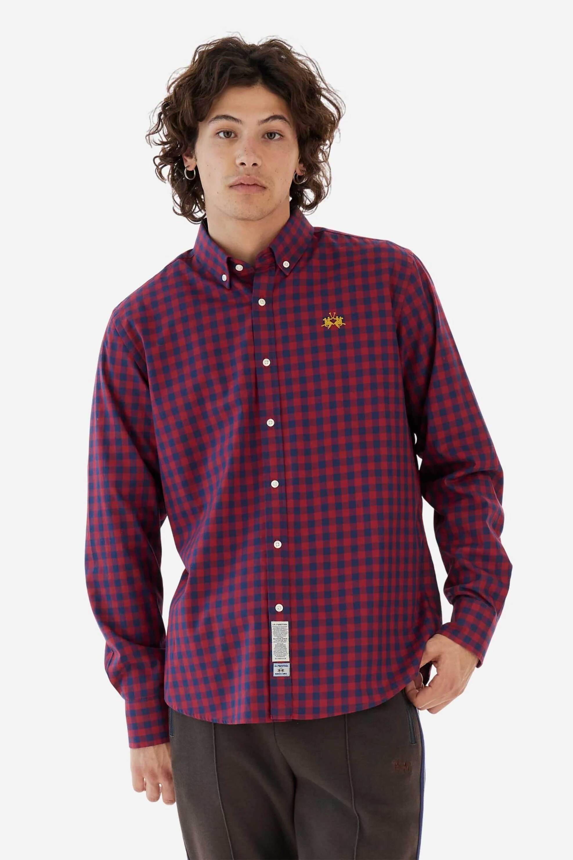 La Martina ανδρικό πουκάμισο button down με καρό σχέδιο και κεντημένο λογότυπο Regular Fit "Rodolfo" - MBC006-PP725 Βυσσινί