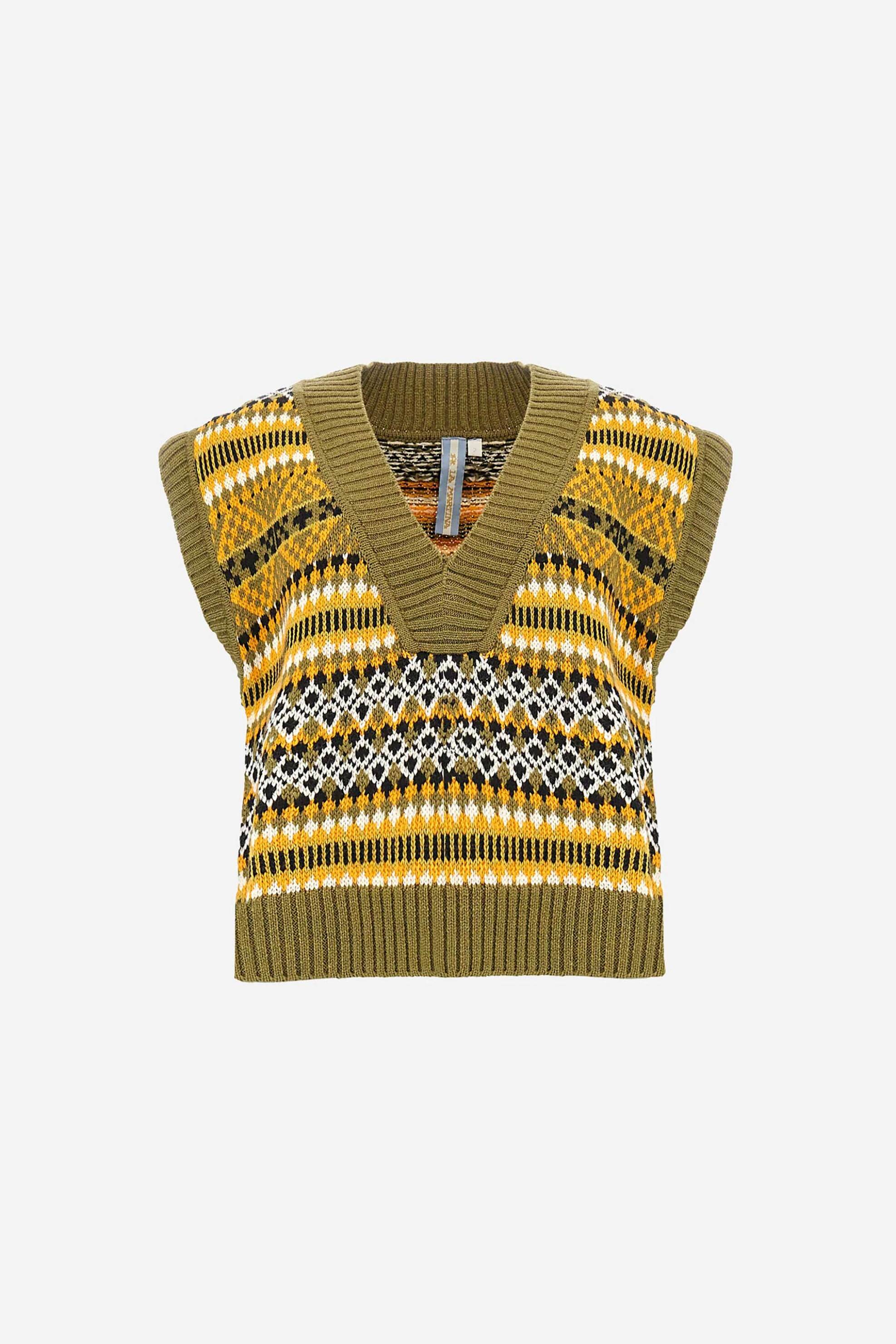 La Martina γυναικεία πλεκτή μπλούζα αμάνικη με σχέδιο στην πλέξη Straight Cut "Berta" - WBS002-YW143 Λαδί φωτογραφία