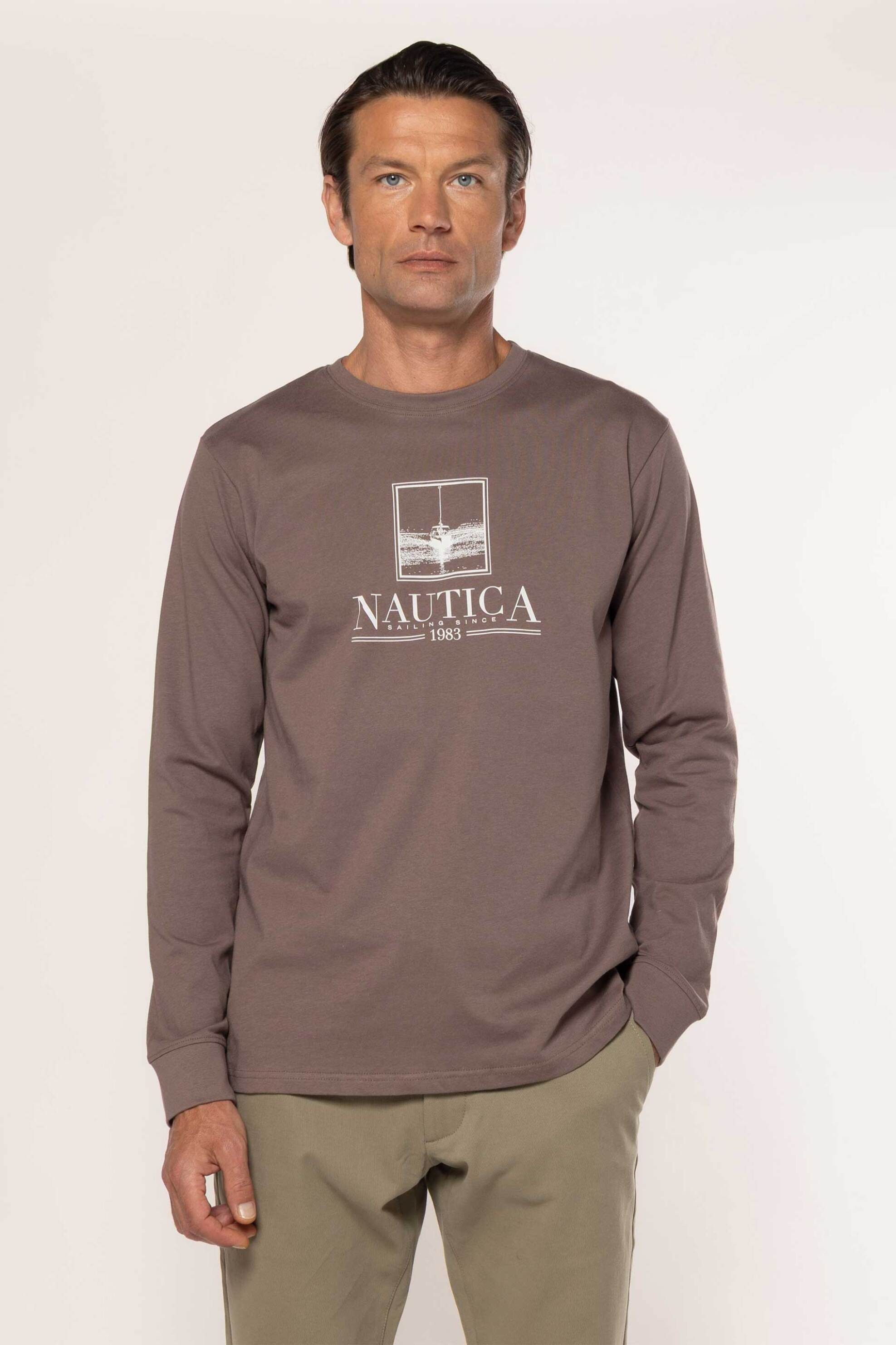 Nautica ανδρική μακρυμάνικη μπλούζα με graphic logo - N1X04818 Καφέ