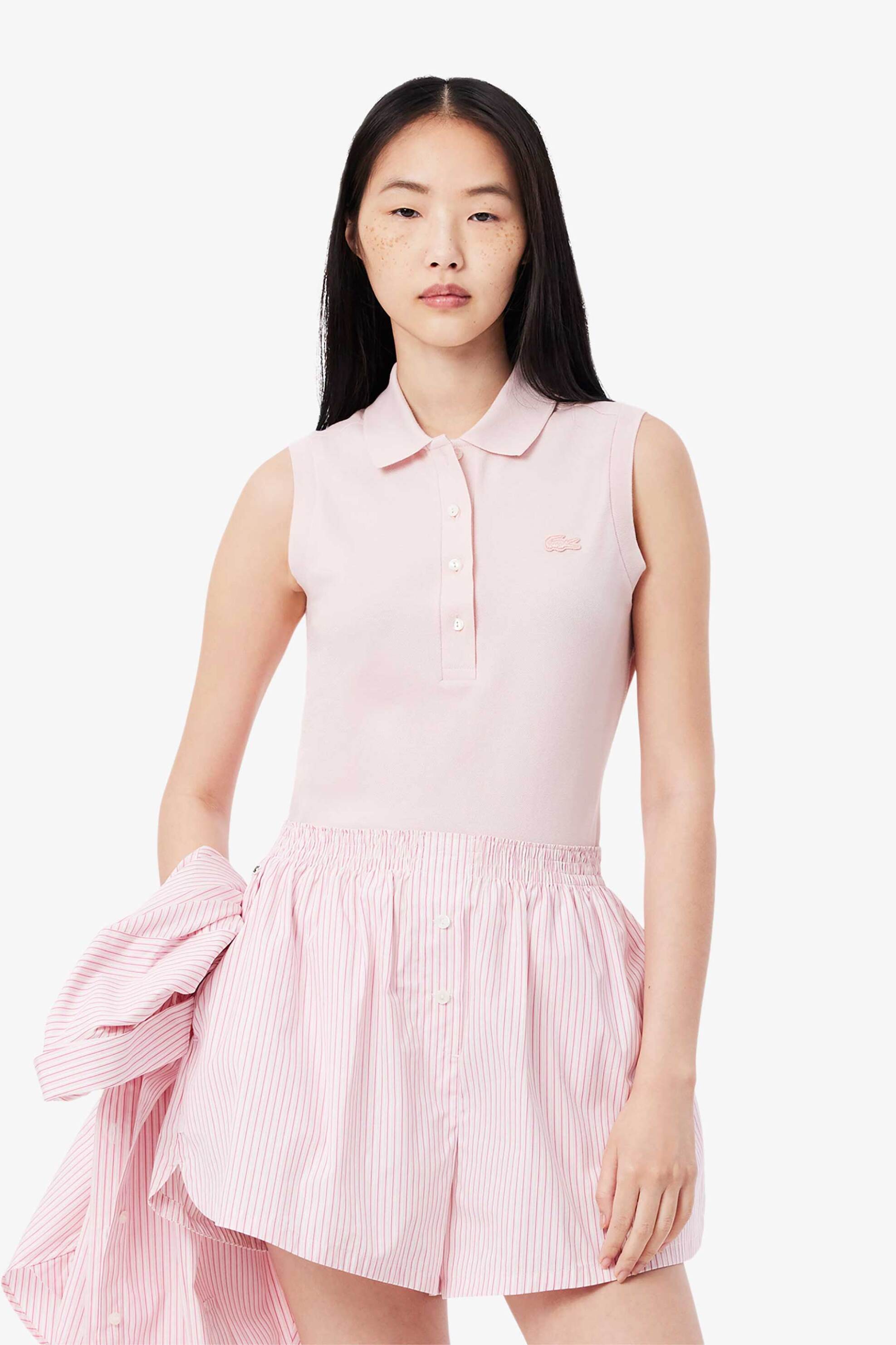 Lacoste γυναικεία μπλούζα πόλο αμάνικη πικέ με κεντημένο λογότυπο Slim Fit - PF5445 Ροζ Ανοιχτό