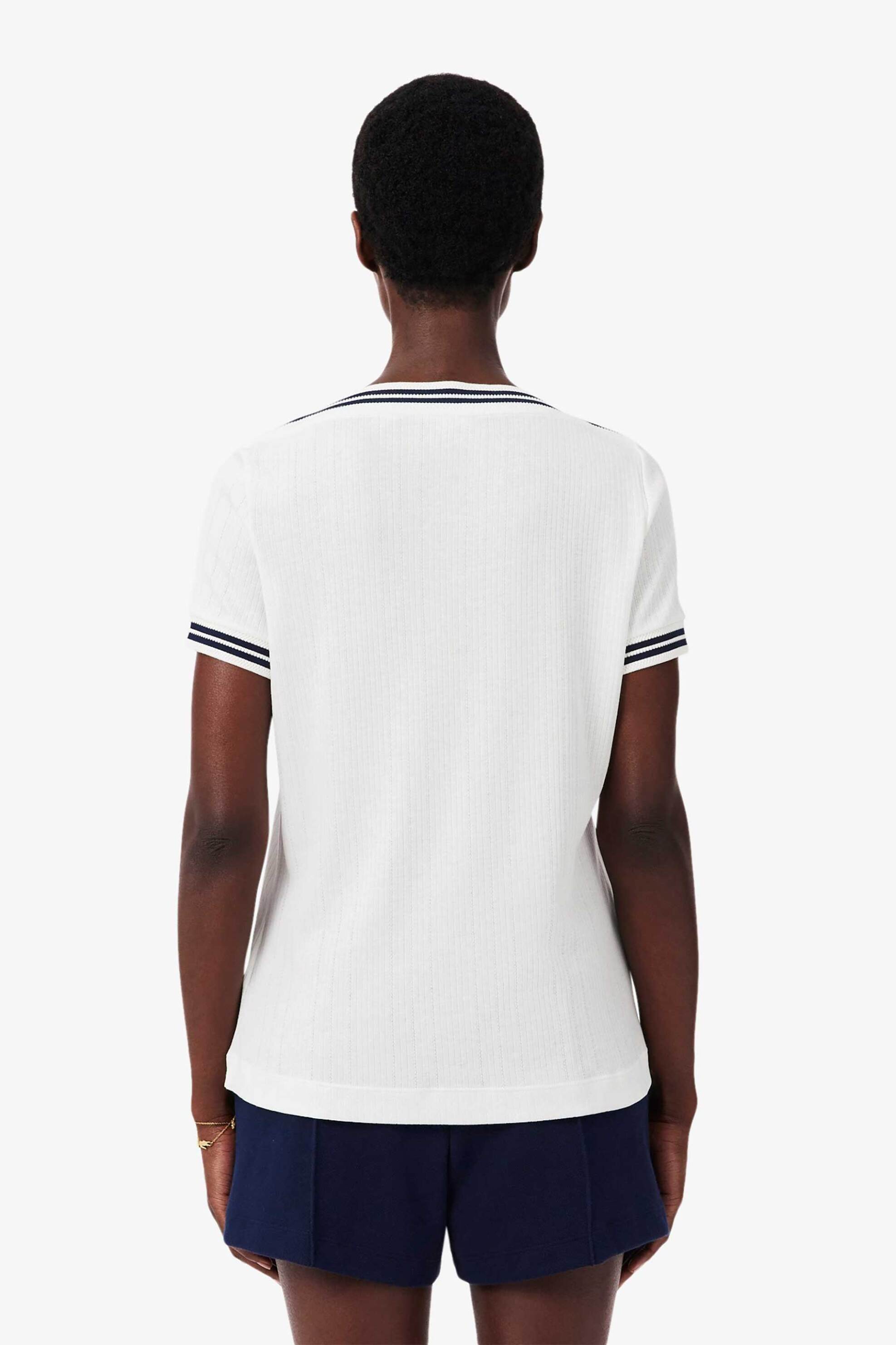 Lacoste Γυναικείο Πλεκτό T-Shirt με Contrast Trims Και Τσέπη Κεντημένο Λογότυπο Regular Fit - Tf9890 Λευκό