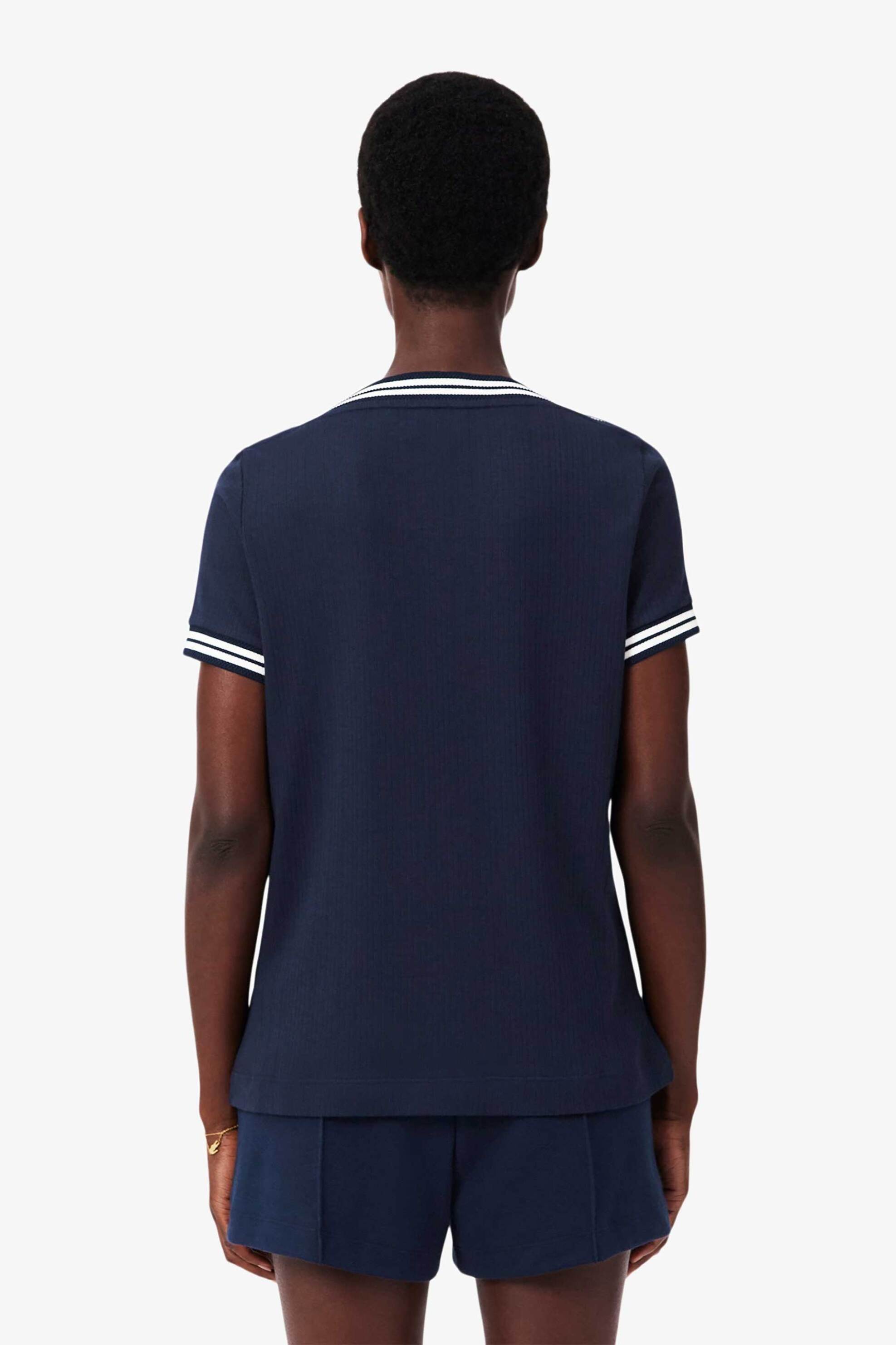 Lacoste Γυναικείο Πλεκτό T-Shirt με Contrast Trims Και Τσέπη Κεντημένο Λογότυπο Regular Fit - Tf9890 Μπλε Σκούρο