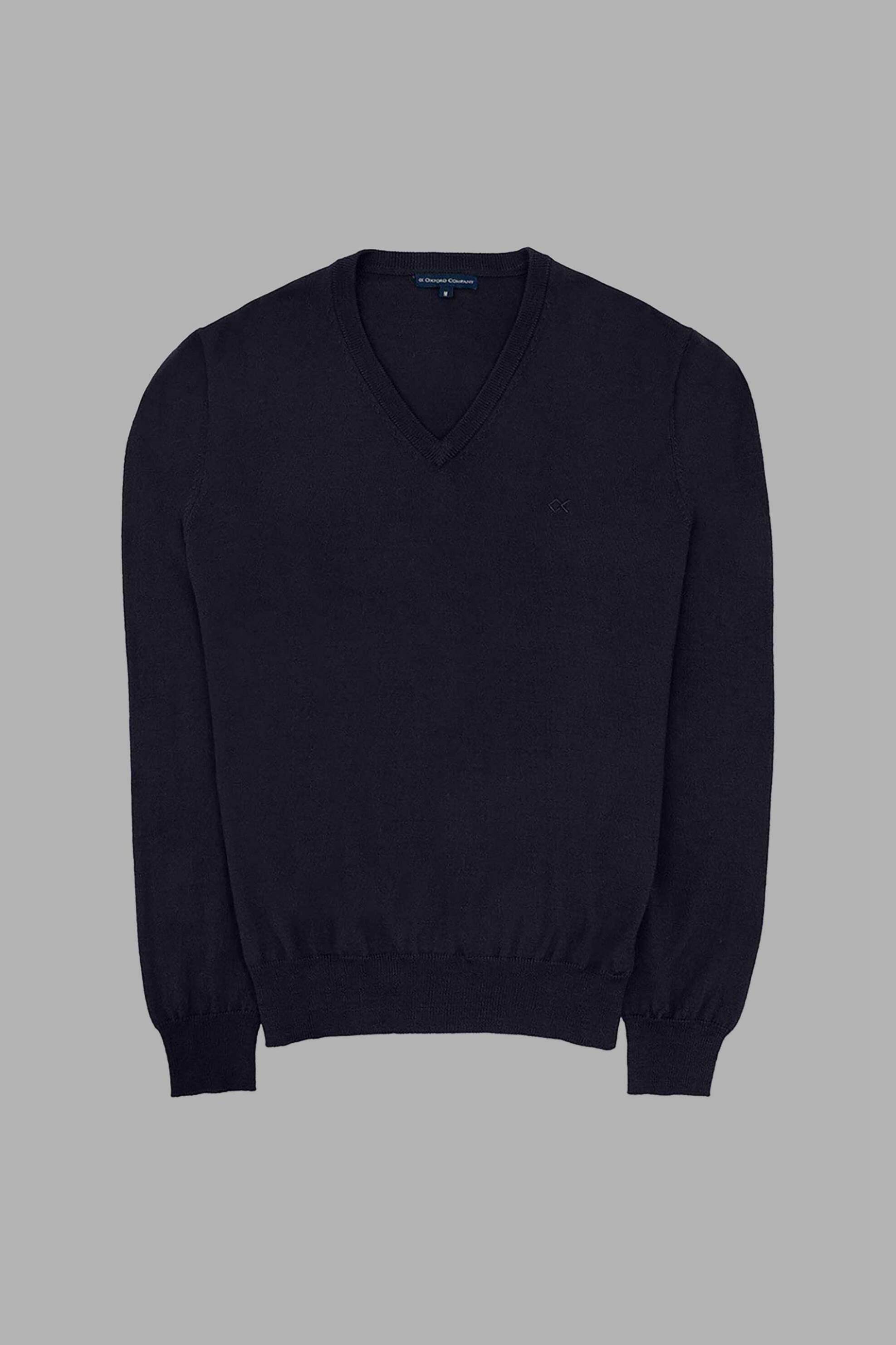 Oxford Company ανδρικό μάλλινο πουλόβερ μονόχρωμο με V και κεντημένο λογότυπο Regular Fit - X507-VU60.01 Μπλε Σκούρο