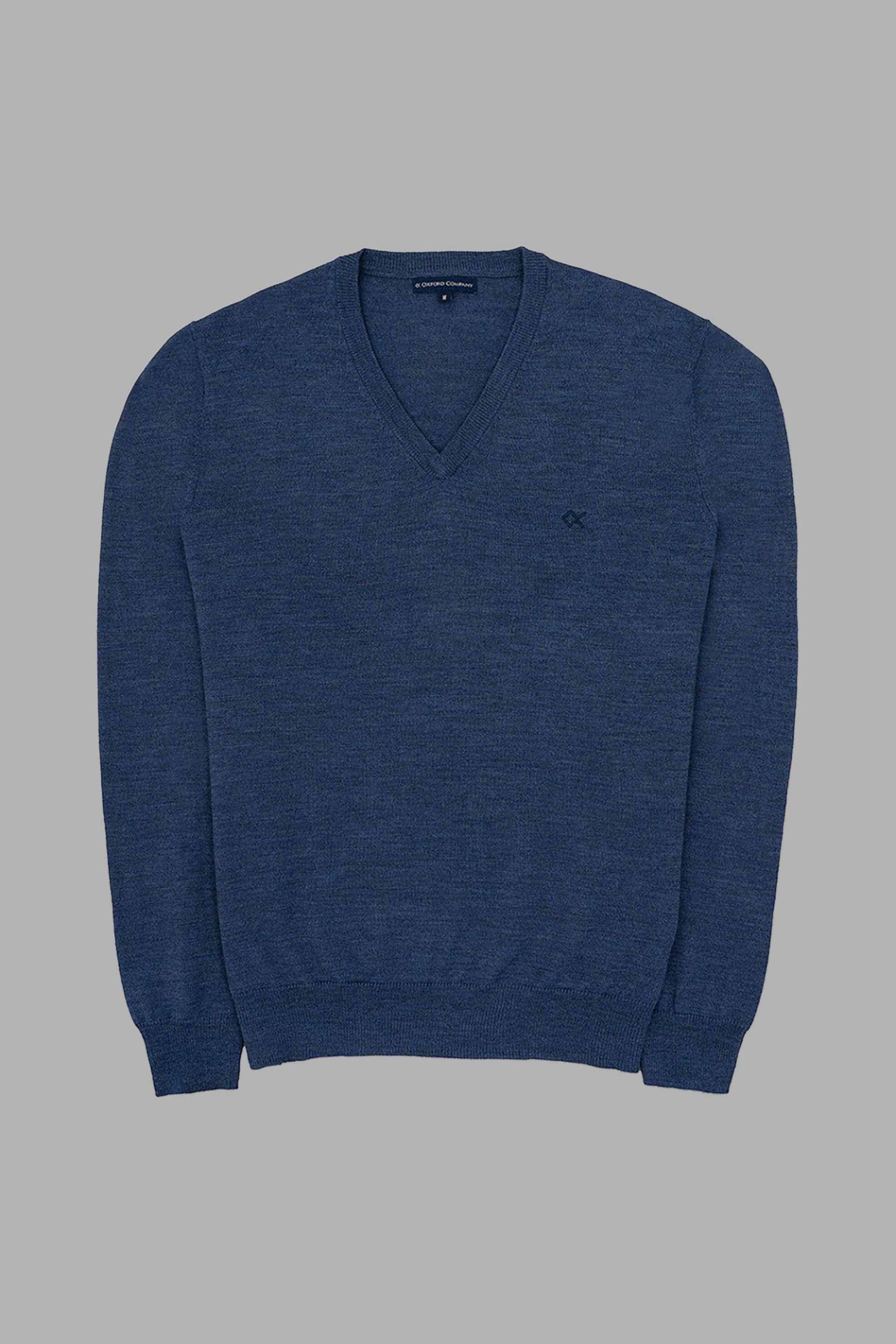 Oxford Company ανδρικό μάλλινο πουλόβερ μονόχρωμο με V και κεντημένο λογότυπο Regular Fit - X507-VU60.02 Μπλε