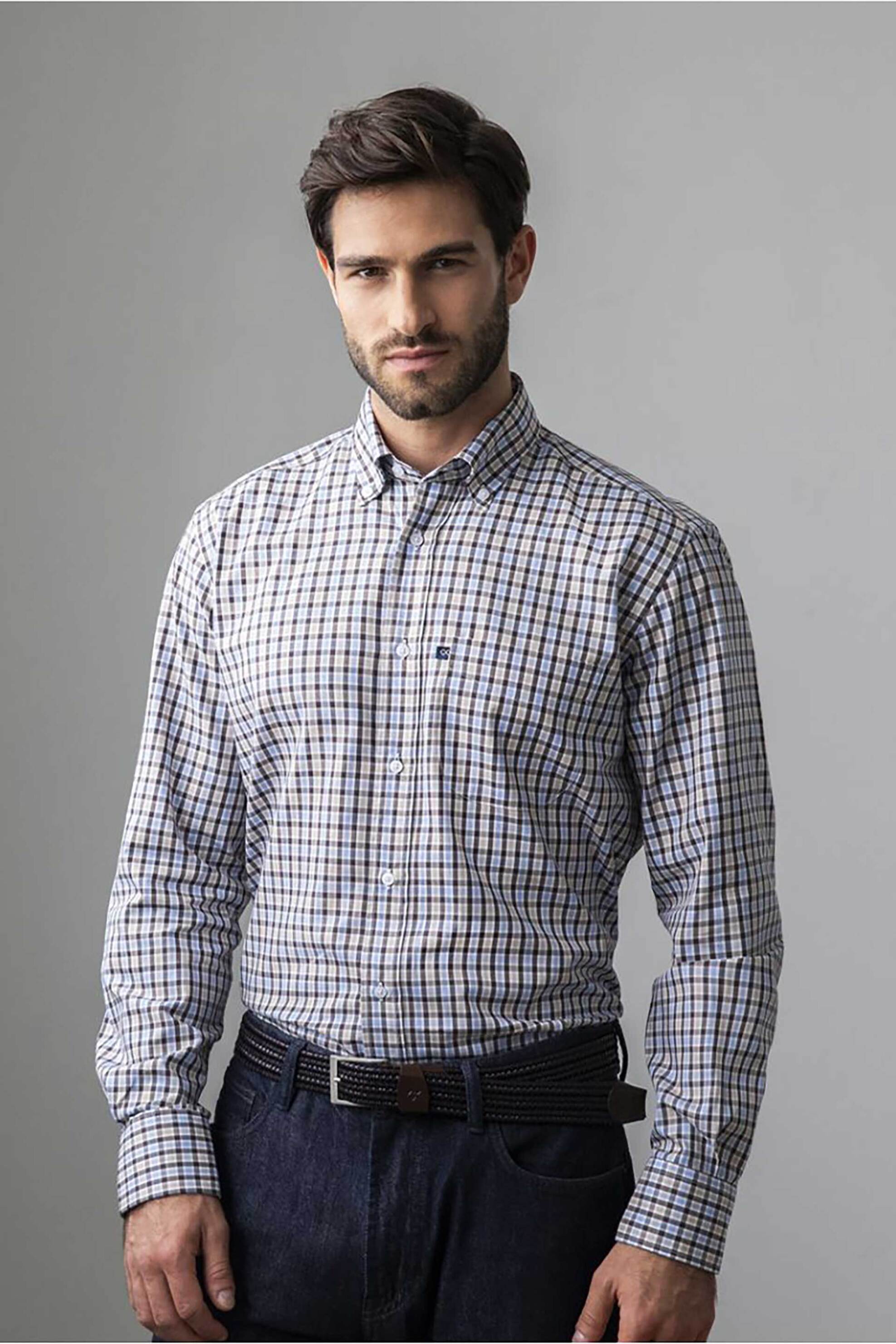 Oxford Company ανδρικό πουκάμισο button down με καρό σχέδιο Regular Fit "Sport" - M130-BY10.01 Καφέ Ανοιχτό