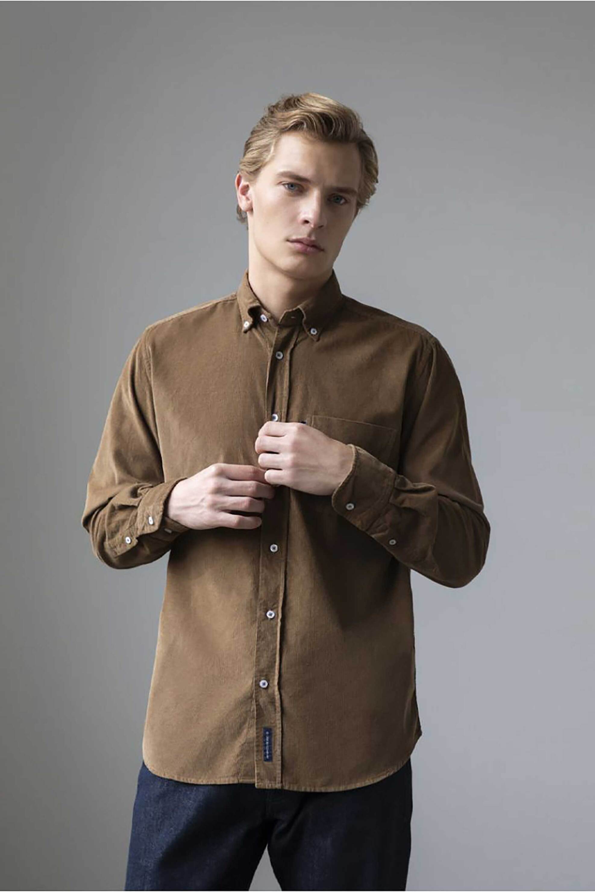 Oxford Company ανδρικό κοτλέ πουκάμισο button down Regular Fit "Sport" - K311-BY10.02 Καφέ Ανοιχτό