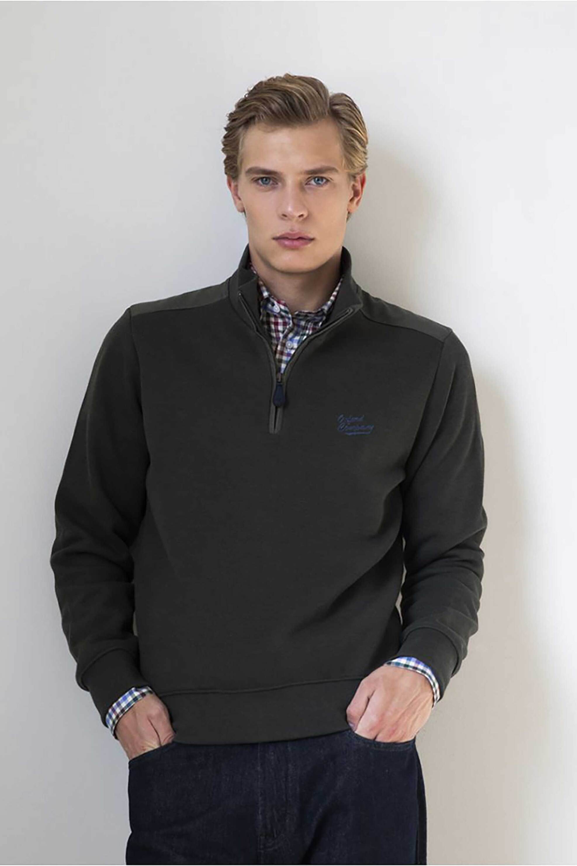 Oxford Company ανδρική μπλούζα φούτερ πικέ με φερμουάρ 1/2 και λογότυπο Regular Fit - F213-HY60.04 Λαδί