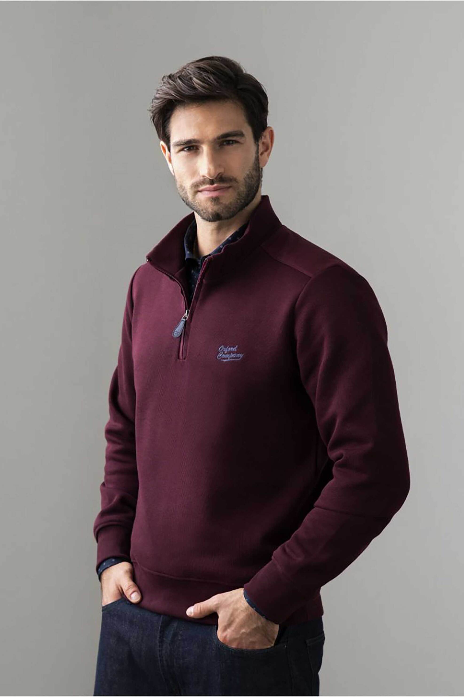 Oxford Company ανδρική μπλούζα φούτερ πικέ με φερμουάρ 1/2 και λογότυπο Regular Fit - F213-HY60.05 Μπορντό