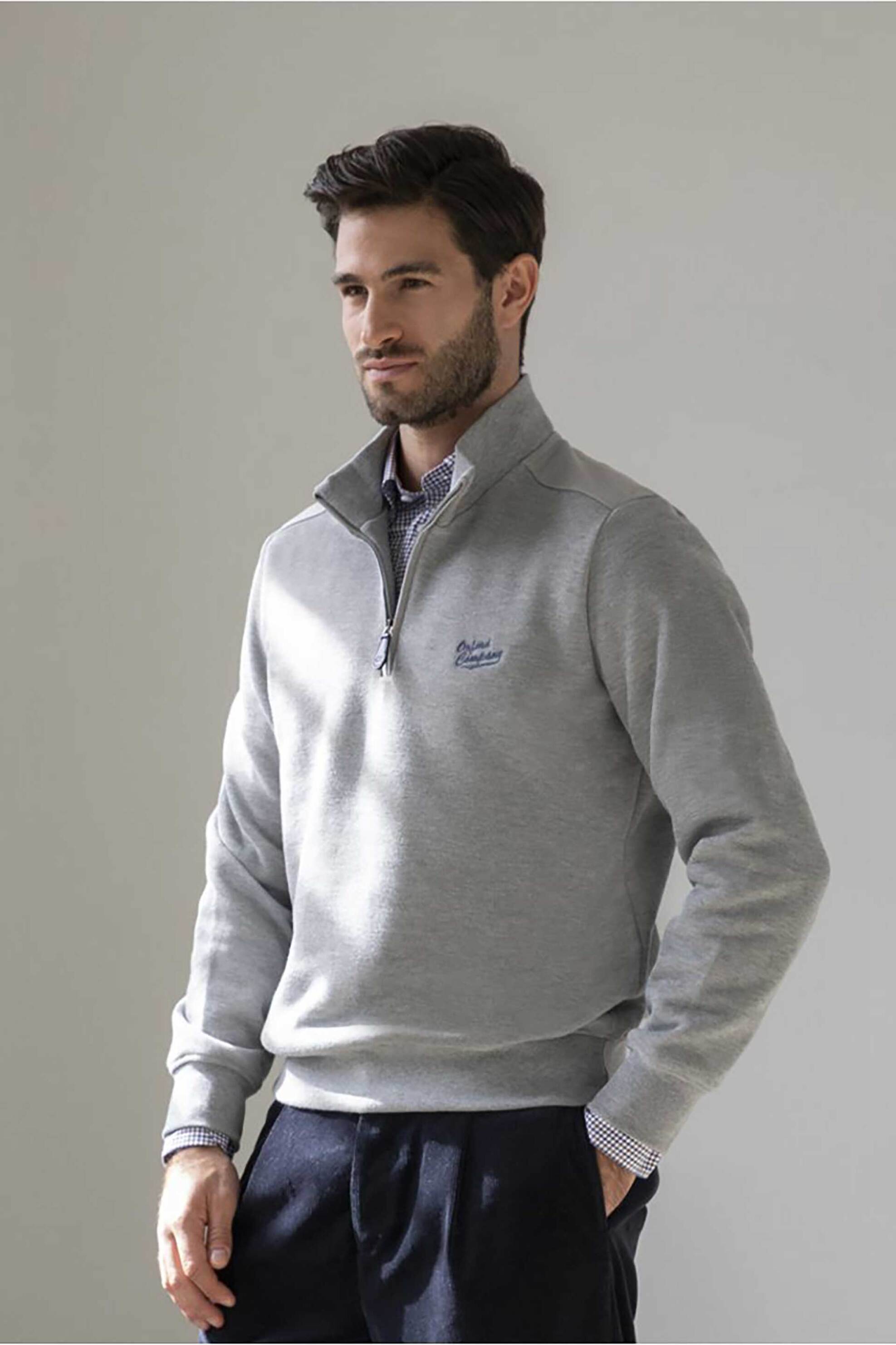 Oxford Company ανδρική μπλούζα φούτερ πικέ με φερμουάρ 1/2 και λογότυπο Regular Fit - F213-HY60.06 Γκρι