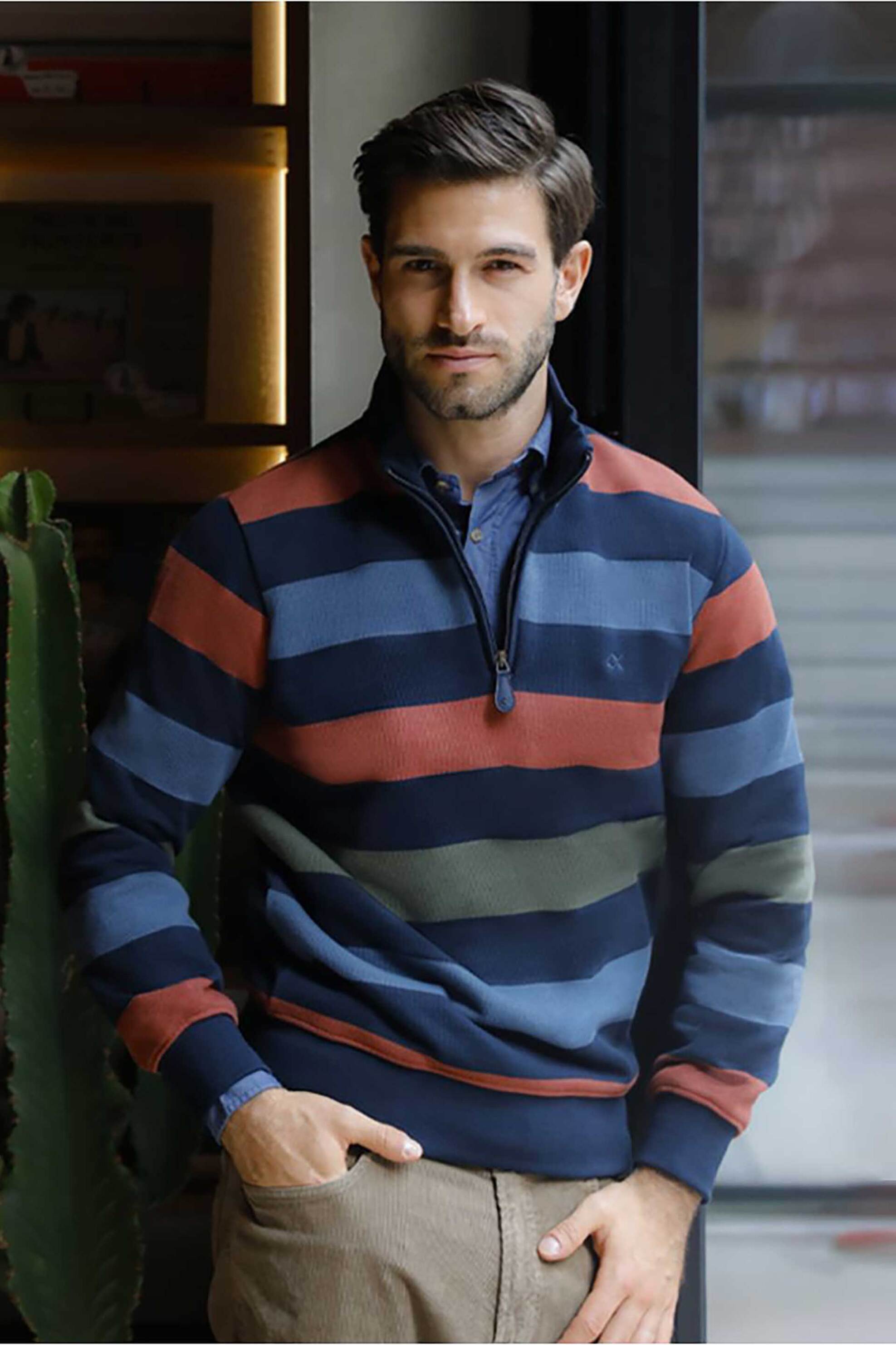 Oxford Company ανδρική μπλούζα φούτερ με πολύχρωμο ριγέ σχέδιο και φερμουάρ 1/2 Regular Fit - F221-HY60.01 Μπλε