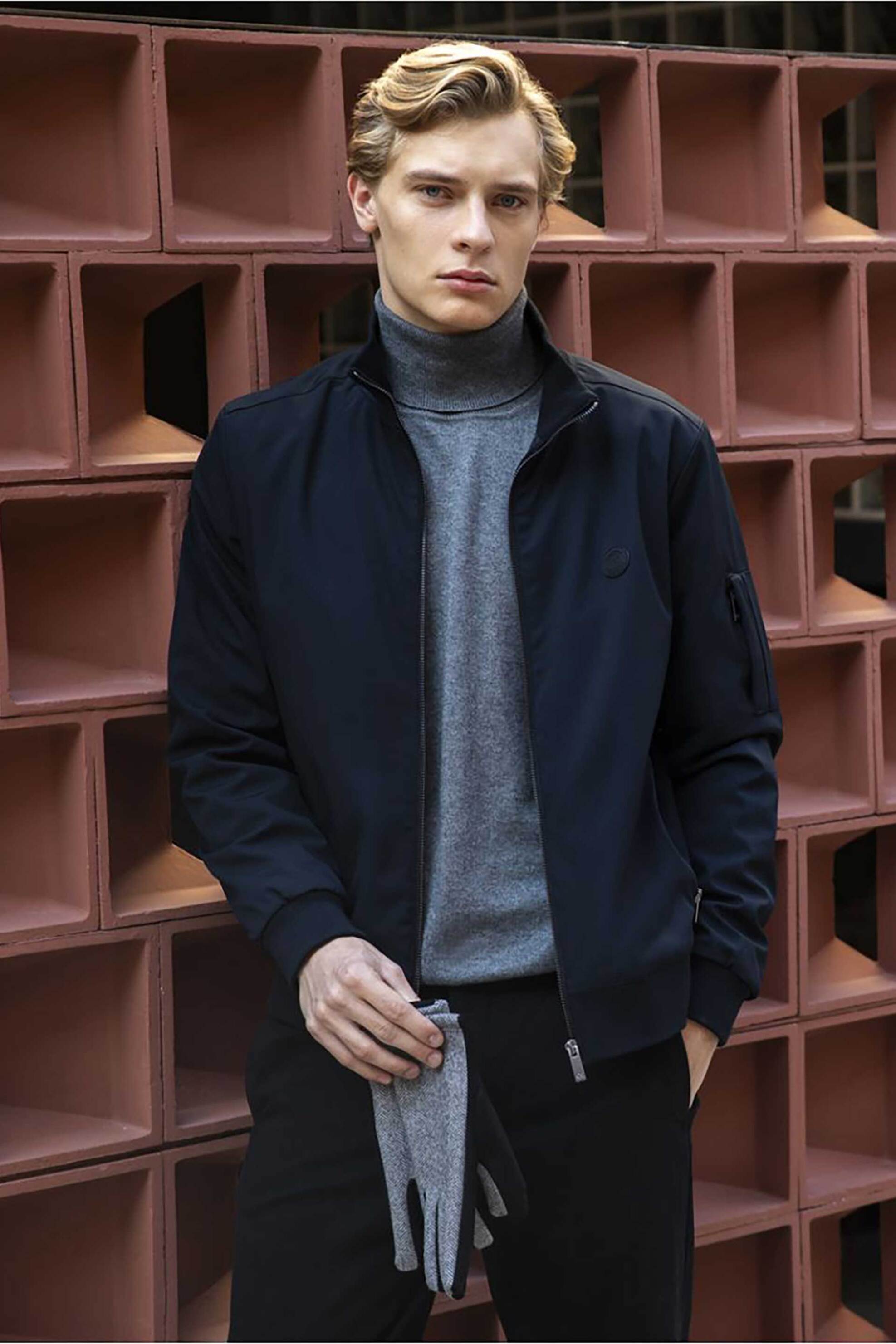 Oxford Company ανδρικό bomber μπουφάν με logo patch Slim Fit - F214-JY60.01 Μπλε Σκούρο