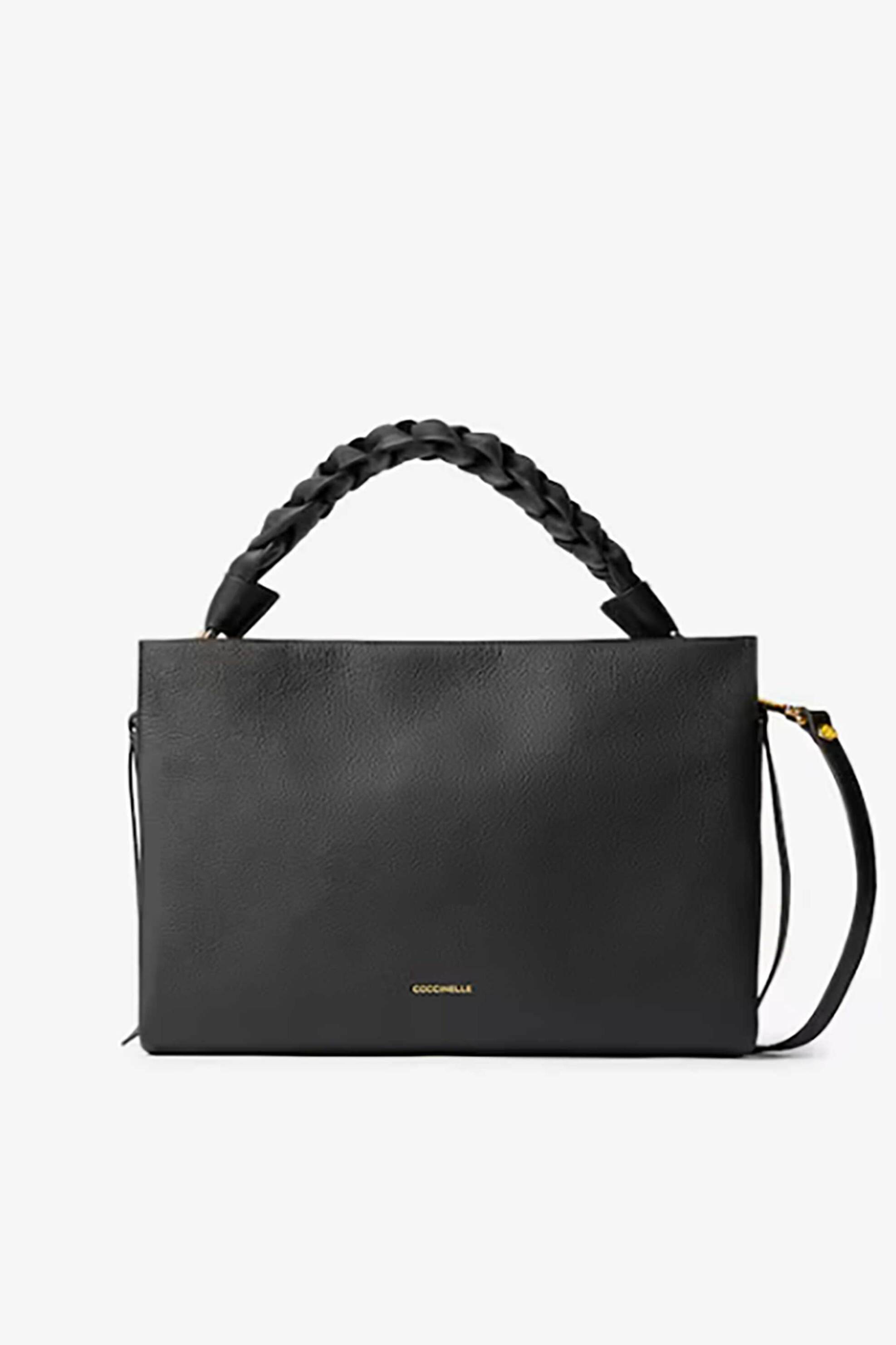 Coccinelle γυναικεία δερμάτινη τσάντα ώμου μονόχρωμη με μεταλλικό λογότυπο και πλεκτό σχέδιο "Boheme" - E1M50-190201 Μαύρο φωτογραφία