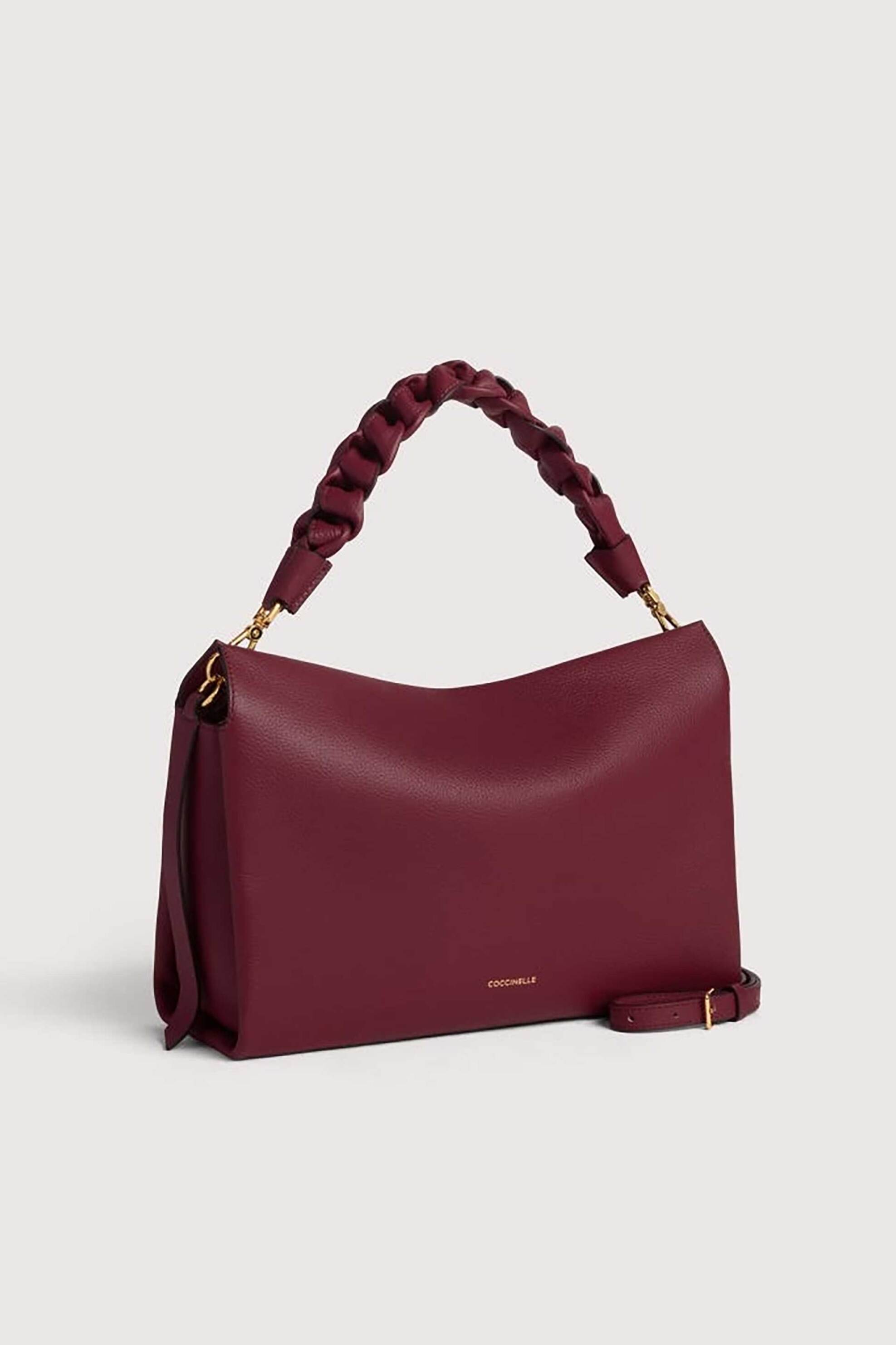 Coccinelle γυναικεία δερμάτινη τσάντα ώμου μονόχρωμη με μεταλλικό λογότυπο και πλεκτό σχέδιο "Boheme" - E1M50-190201 Μπορντό φωτογραφία