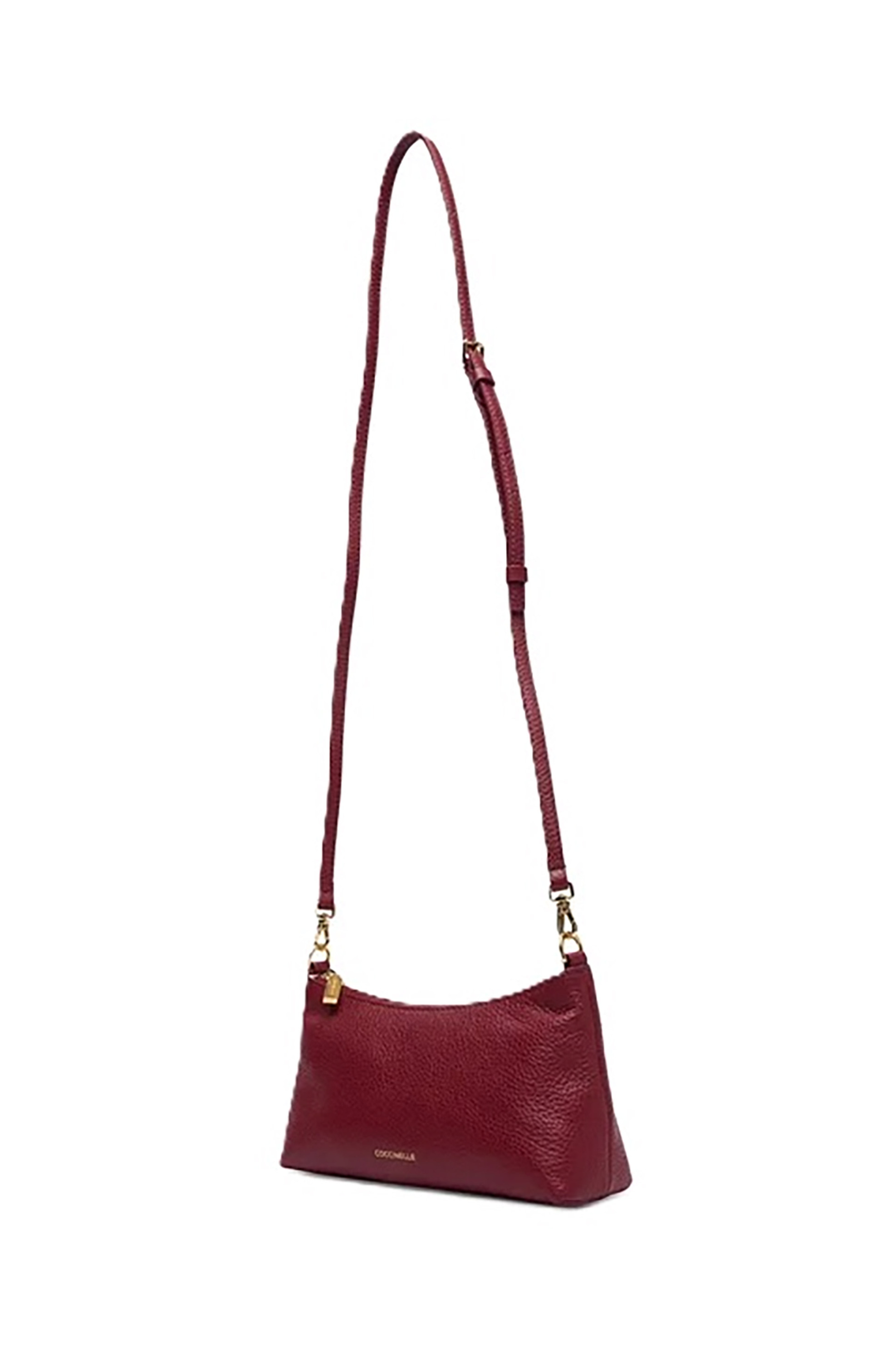 Coccinelle γυναικεία δερμάτινη τσάντα crossbody μονόχρωμη με σταμπωτό λογότυπο "Aura" - E5QH0-550101 Μπορντό φωτογραφία