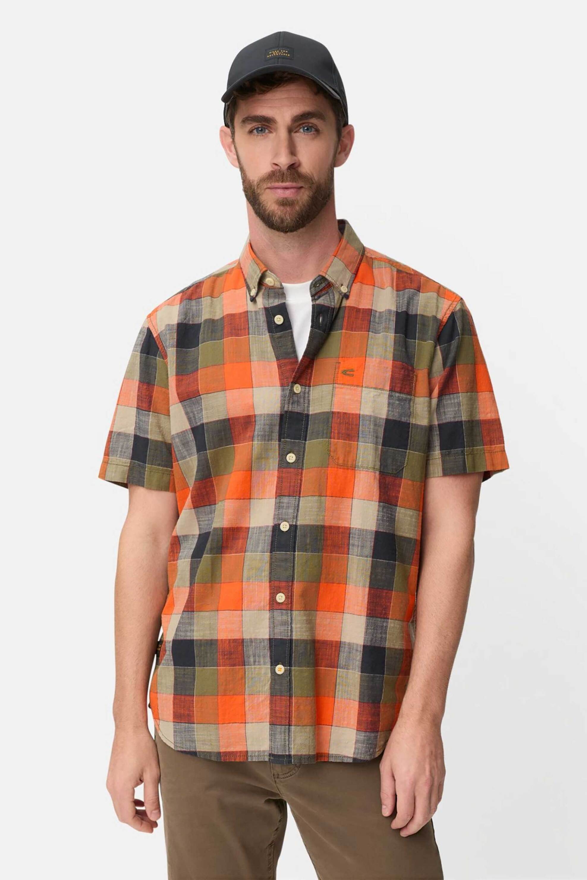Camel Active ανδρικό κοντομάνικο πουκάμισο button down με τσέπη και κεντημένο monogram Regular Fit - C261-409261-7S61 Πορτοκαλί