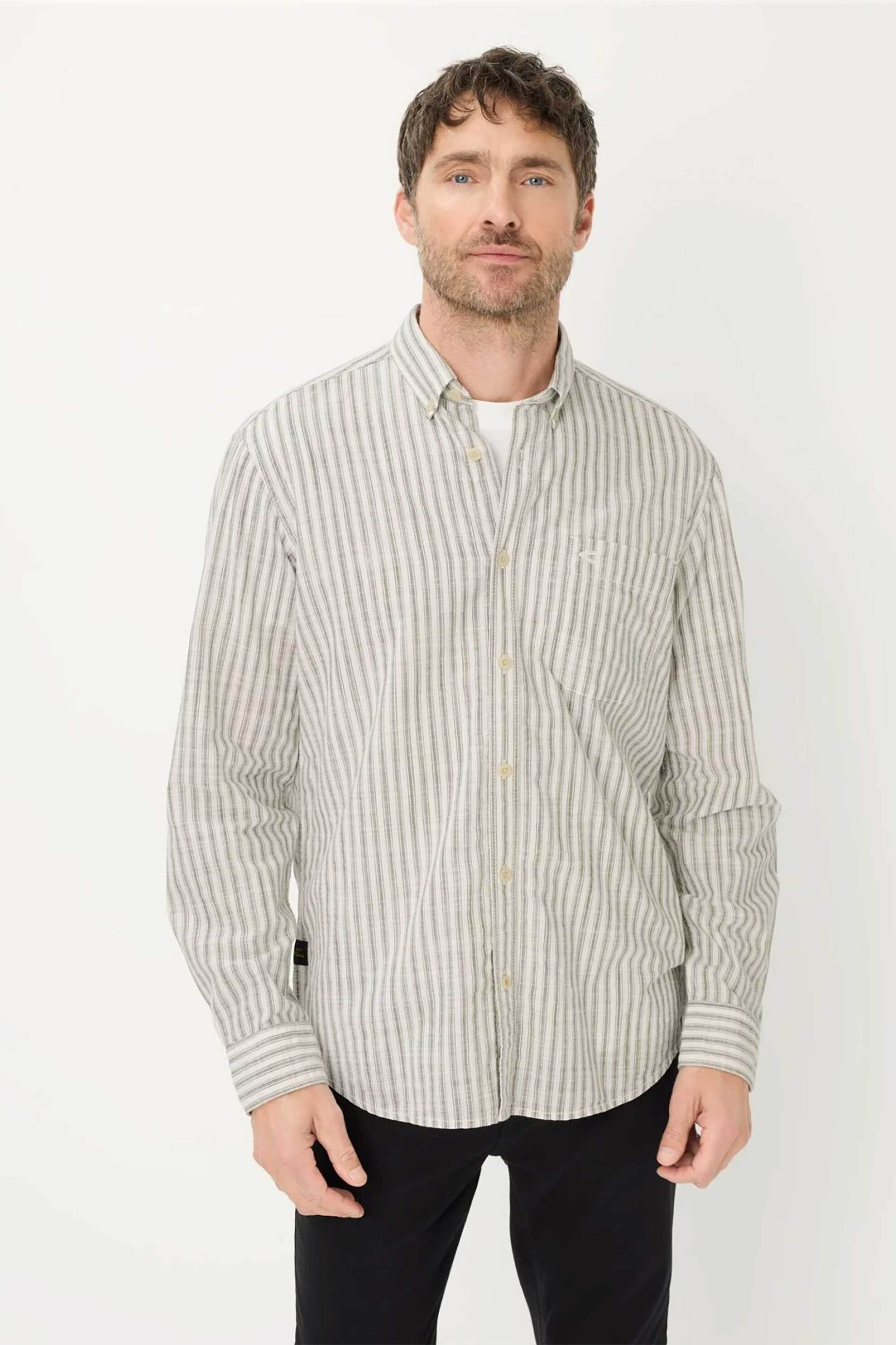 Camel Active ανδρικό πουκάμισο button down με ριγέ σχέδιο και τσέπη με κεντημένο monogram Regular Fit - C261-409122-7S22 Λαδί