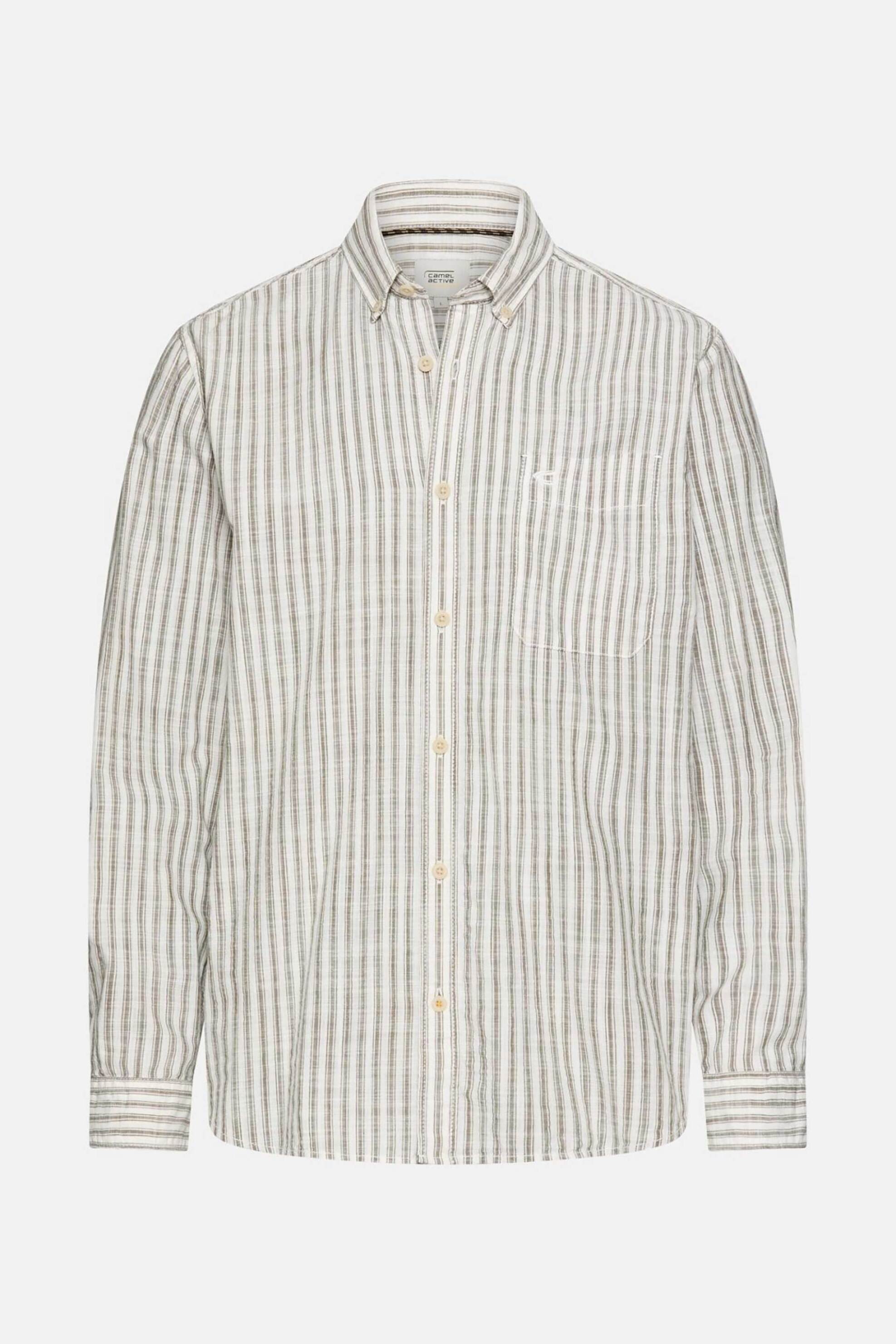 Camel Active Ανδρικό Πουκάμισο Button Down με Ριγέ Σχέδιο Και Τσέπη Κεντημένο Monogram Regular Fit - C261-409122-7S22 Λαδί