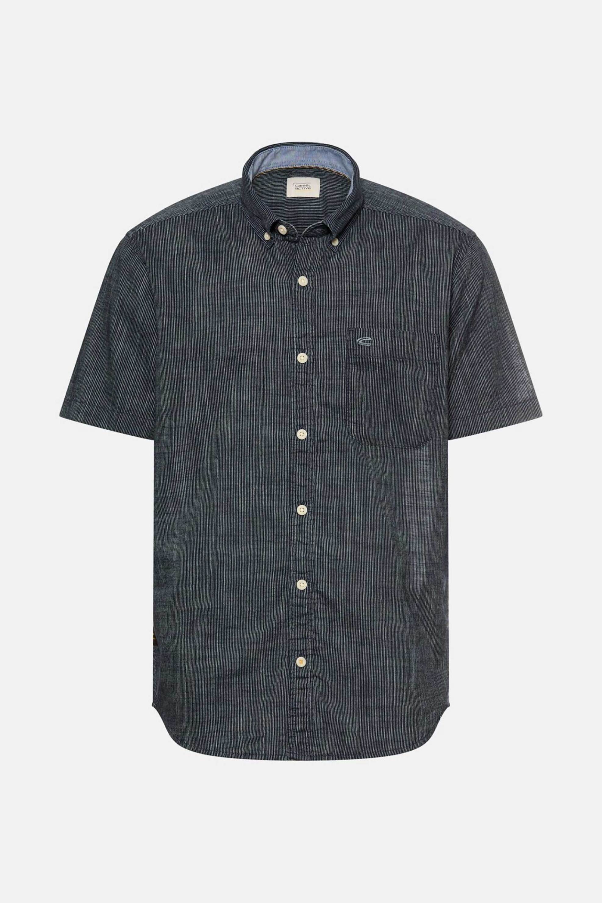 Camel Active Ανδρικό Κοντομάνικο Πουκάμισο Button Down με Ψιλό Ριγέ Σχέδιο Και Τσέπη Κεντημένο Monogram Regular Fit - C261-409262-7S62 Μπλε Σκούρο
