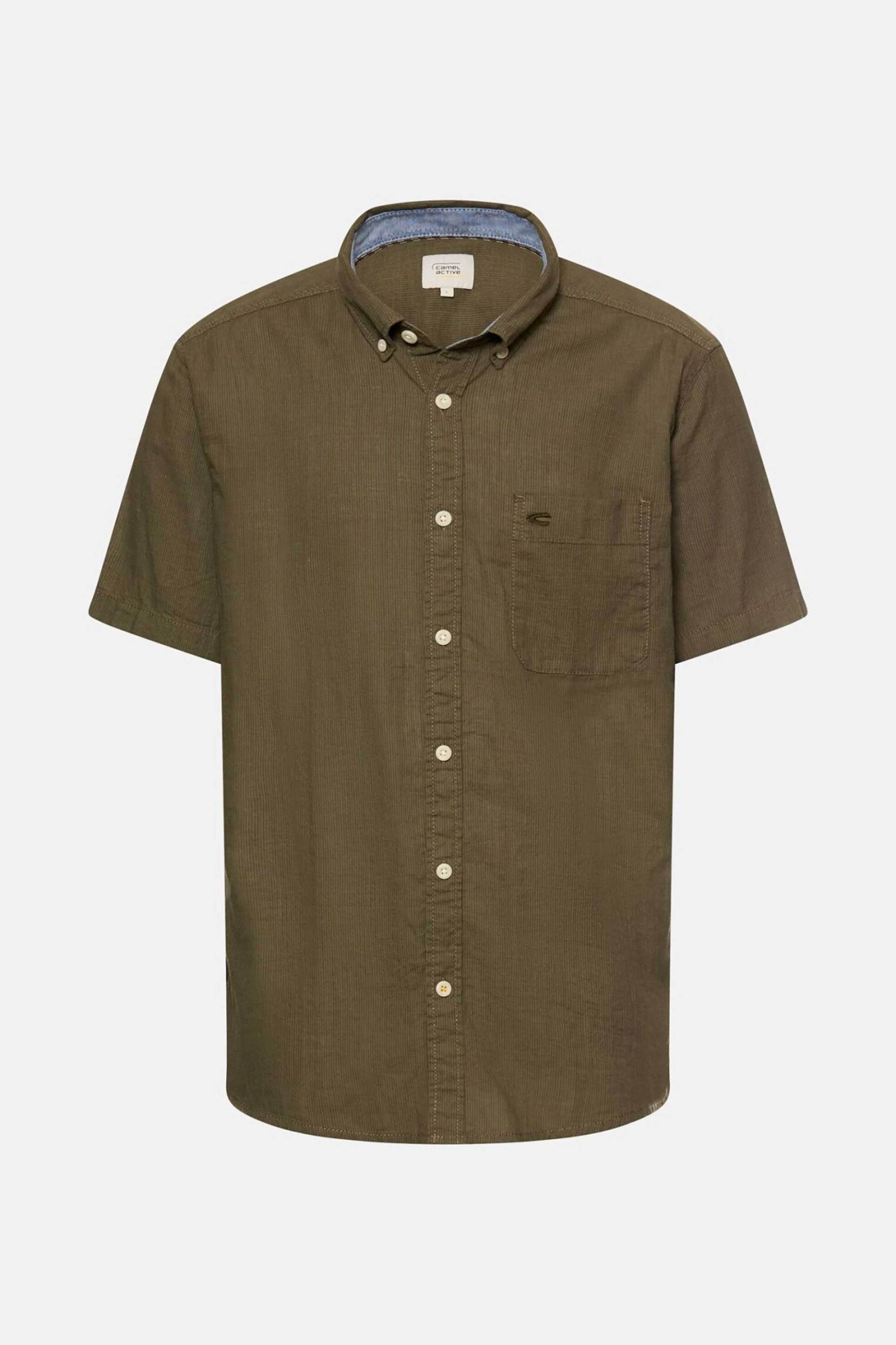 Camel Active Ανδρικό Κοντομάνικο Πουκάμισο Button Down με Ψιλό Ριγέ Σχέδιο Και Τσέπη Κεντημένο Monogram Regular Fit - C261-409262-7S62 Λαδί