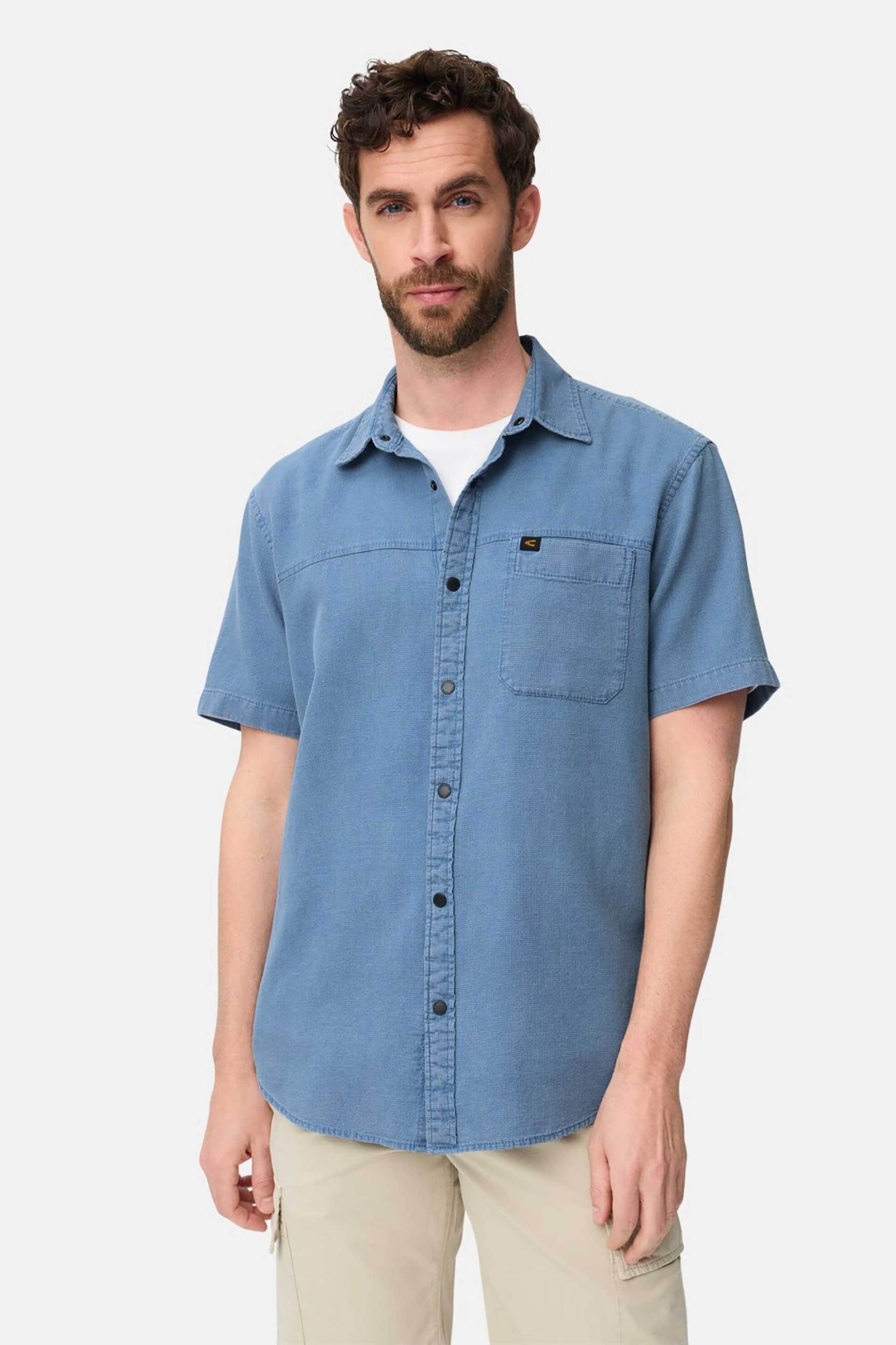 Camel Active ανδρικό κοντομάνικο πουκάμισο textured με τσέπη και monogram Regular Fit - C261-409266-7S66 Μπλε