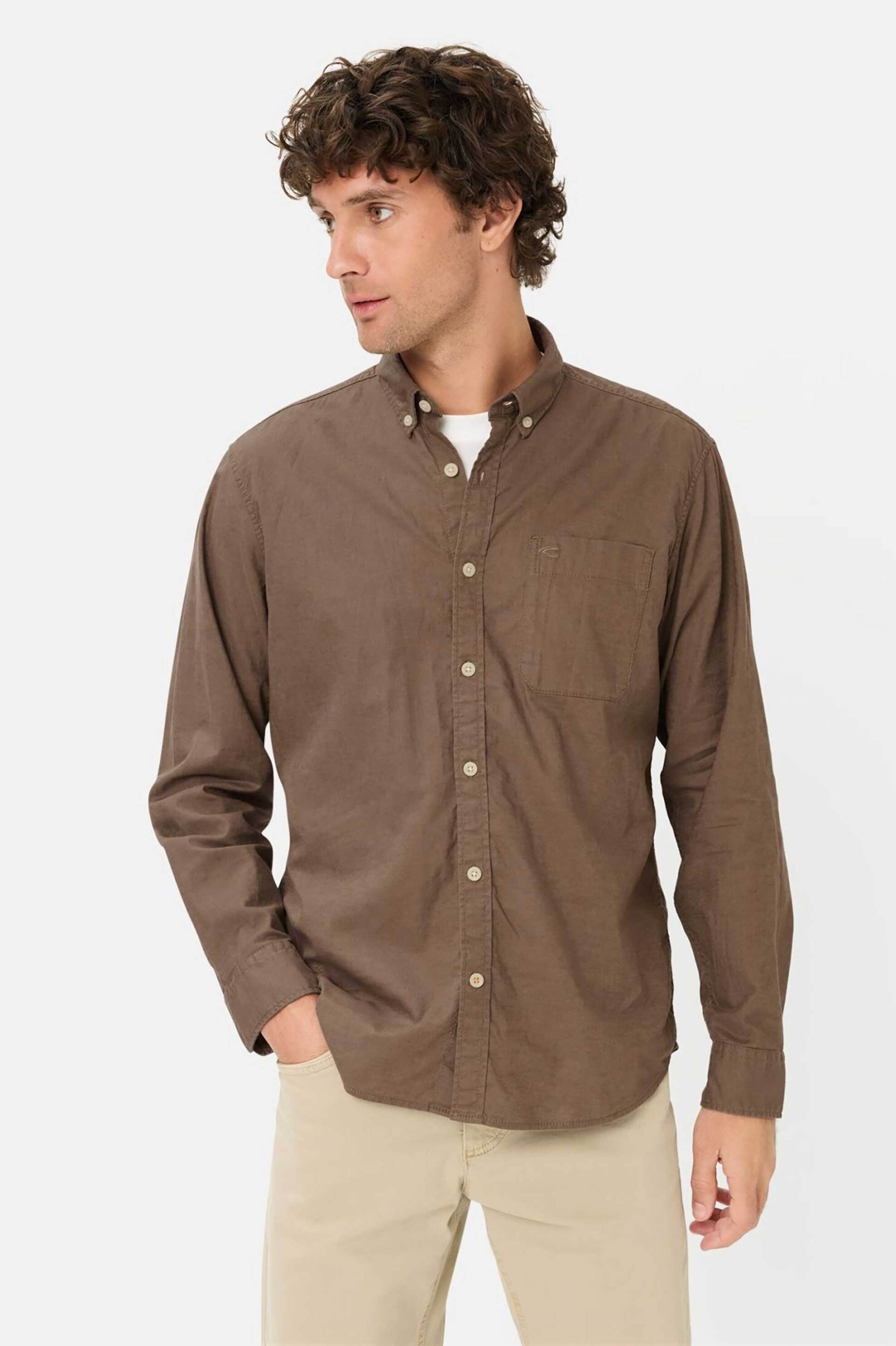 Camel Active ανδρικό πουκάμισο button down με τσέπη και κεντημένο monogram Regular Fit - C261-409116-7S16 Καφέ