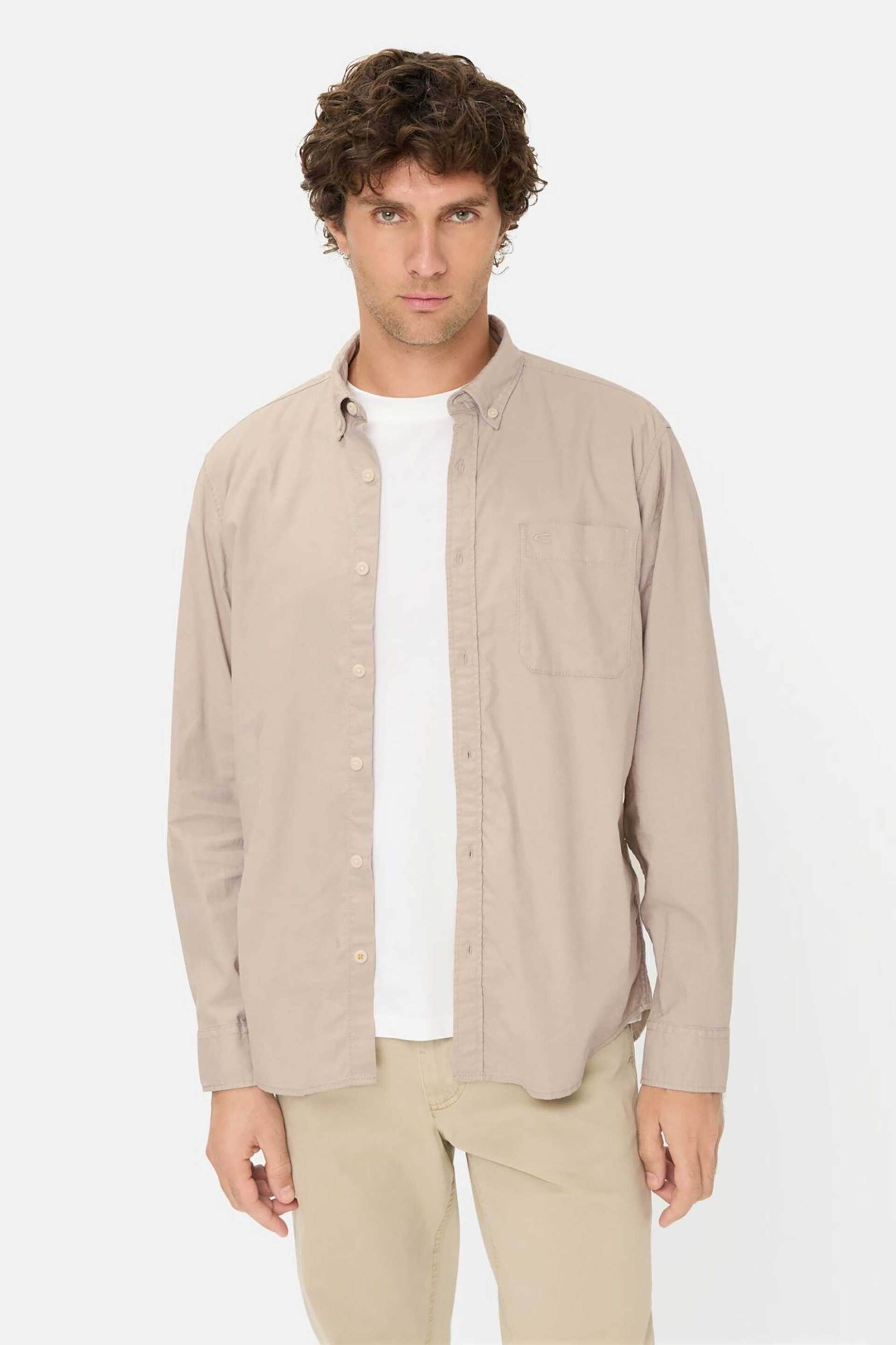 Camel Active ανδρικό πουκάμισο button down με τσέπη και κεντημένο monogram Regular Fit - C261-409116-7S16 Μπεζ
