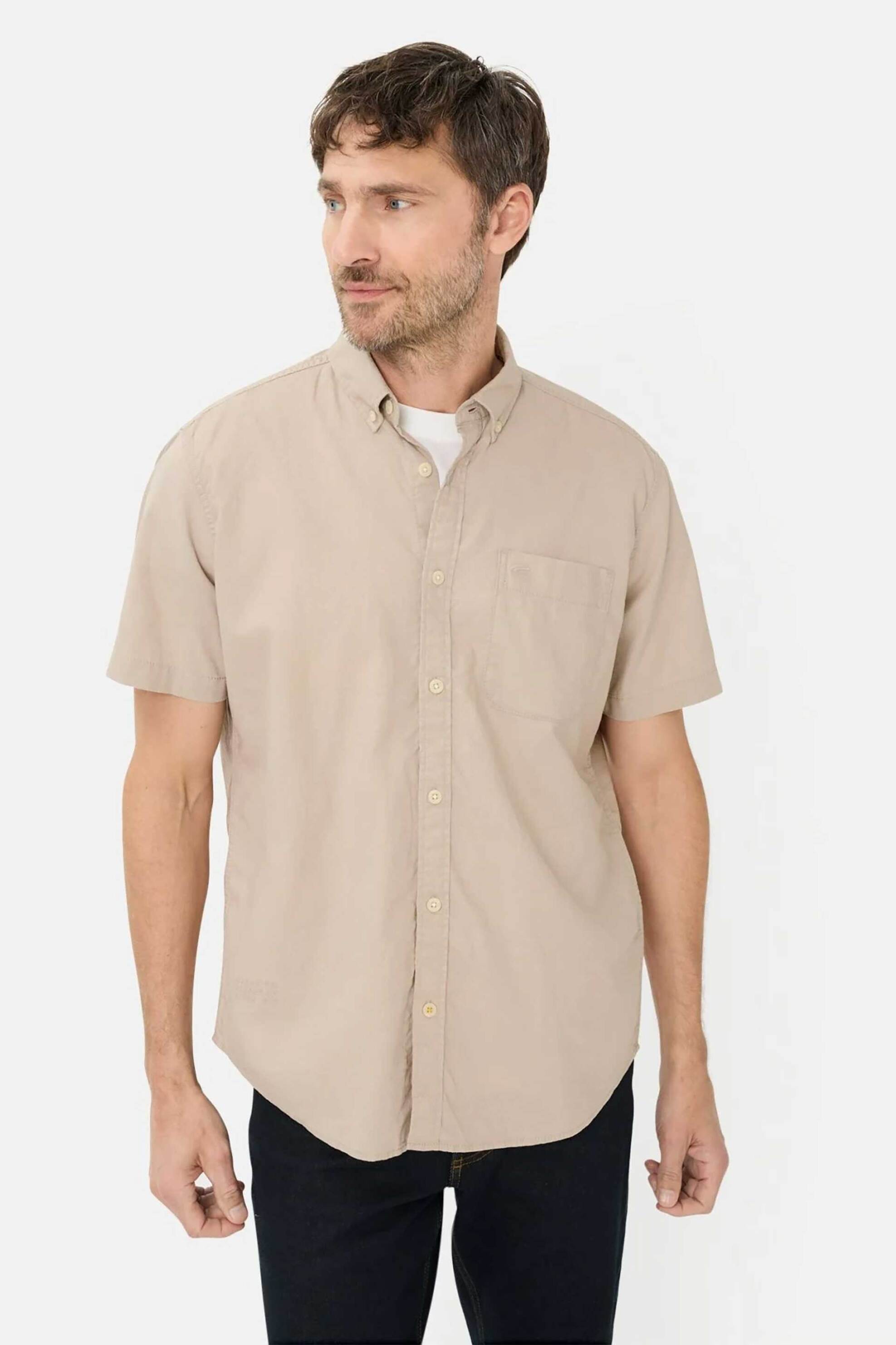 Camel Active ανδρικό κοντομάνικο πουκάμισο button down με τσέπη και κεντημένο monogram Regular Fit - C261-409256-7S56 Μπεζ
