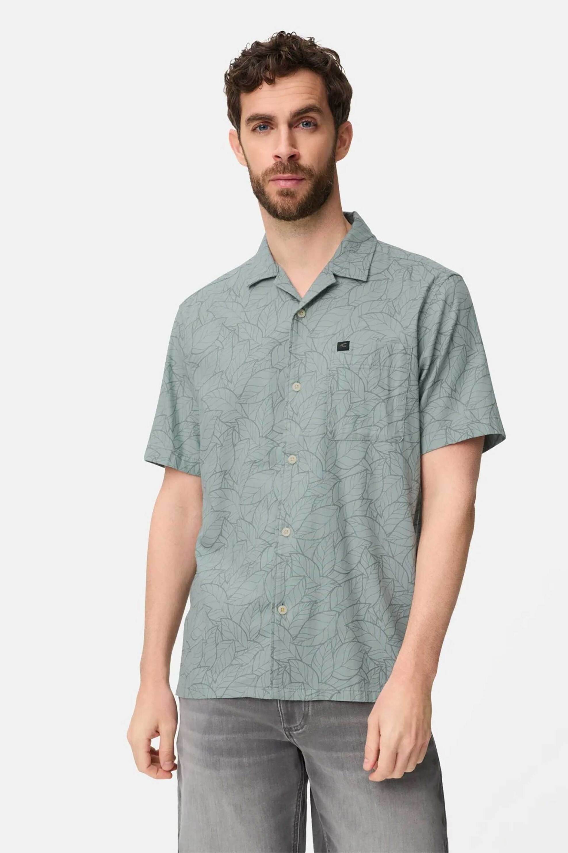 Camel Active ανδρικό κοντομάνικο πουκάμισο με leaf print και τσέπη με monogram Regular Fit - C261-409265-7S65 Γκρι Γαλάζιο