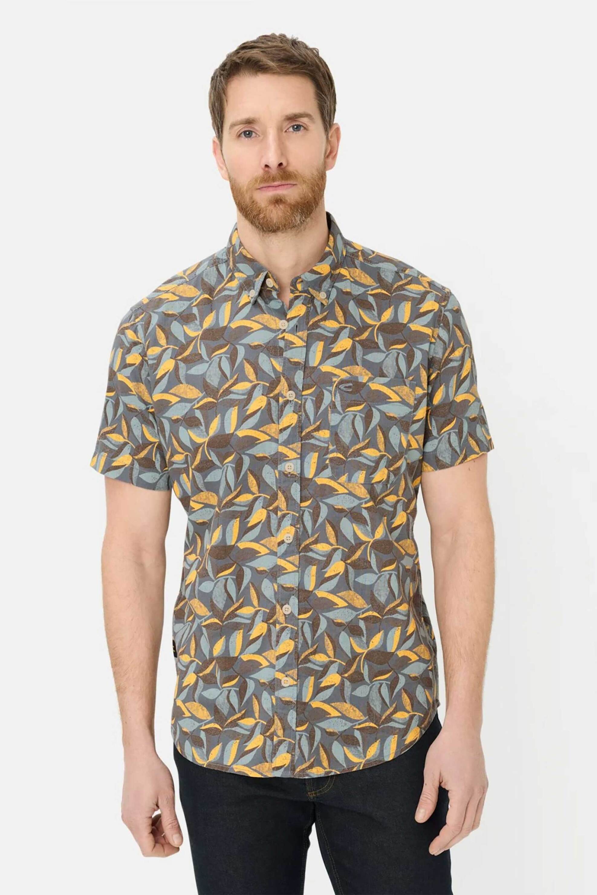 Camel Active ανδρικό κοντομάνικο πουκάμισο button down με leaf print και τσέπη με κεντημένο monogram Regular Fit - C261-409274-7S74 Κίτρινο