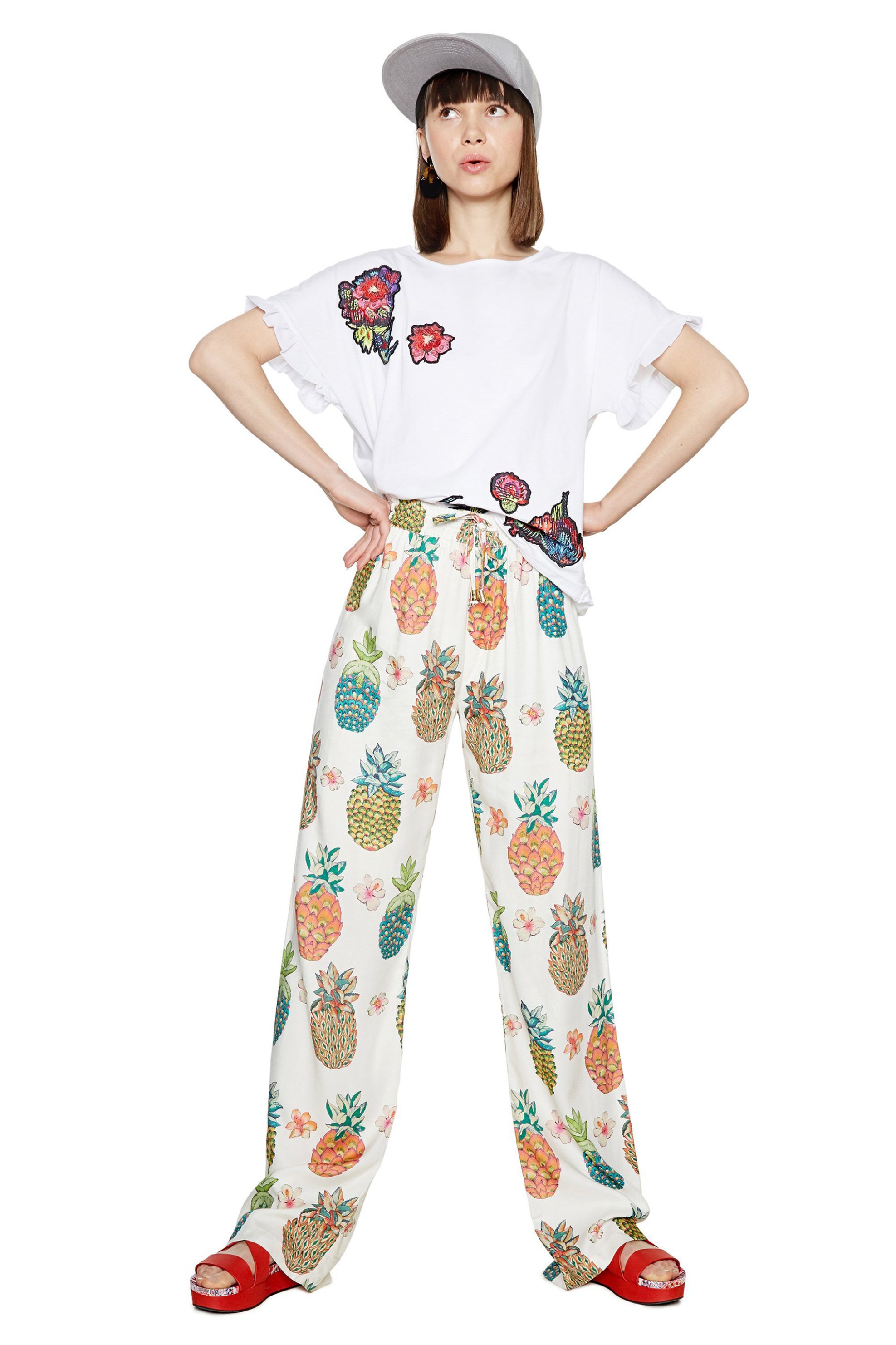 DESIGUAL Desigual γυναικείο παντελόνι με σχέδιο "Amy" - 18SWPW34 Λευκό