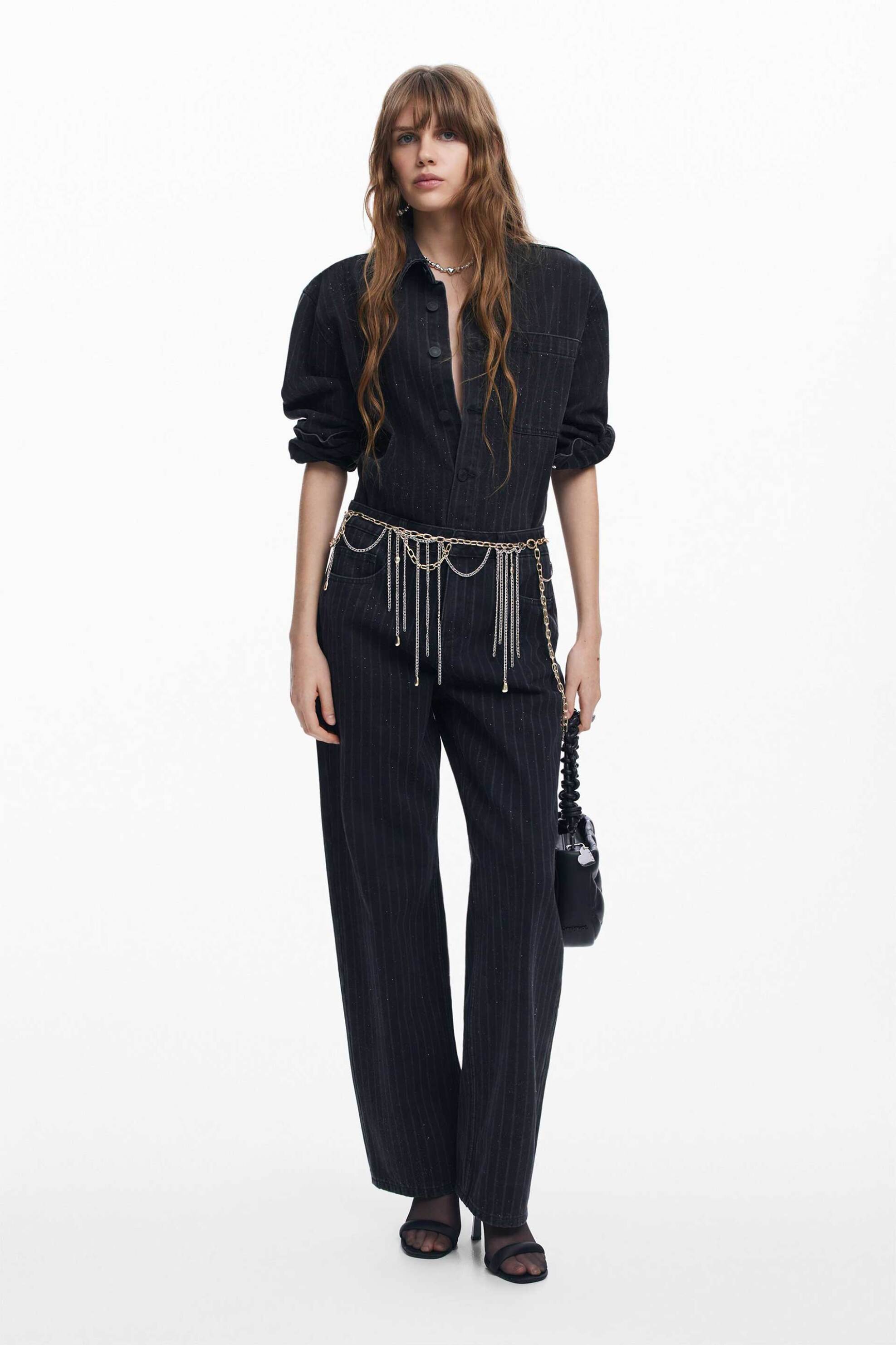 Desigual γυναικείο τζιν παντελόνι πεντάτσεπο με ριγέ σχέδιο Straight Fit - 24WWDD58 Μαύρο