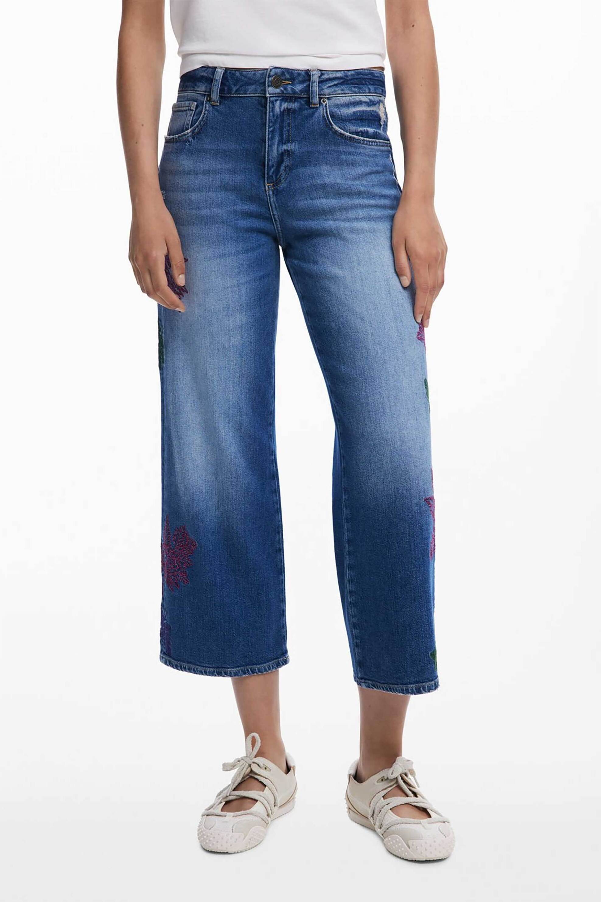 Desigual γυναικείo τζιν παντελόνι culotte με floral κεντήματα "Botani" - 25WWDD21 Denim Blue φωτογραφία