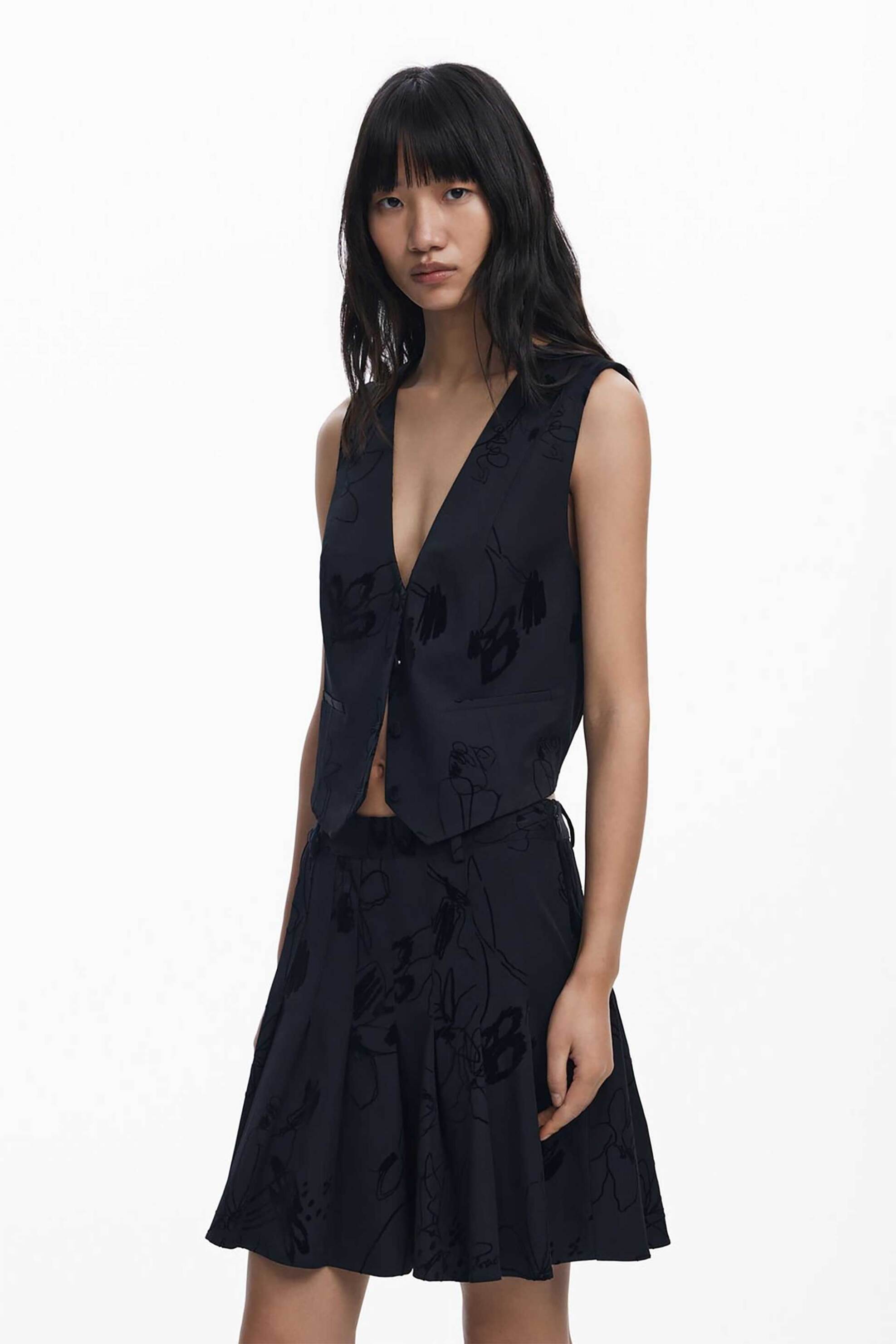 DESIGUAL Desigual γυναικείο γιλέκο με floral σχέδια από βελούδο "Flock" - 25WWEW70 Μαύρο