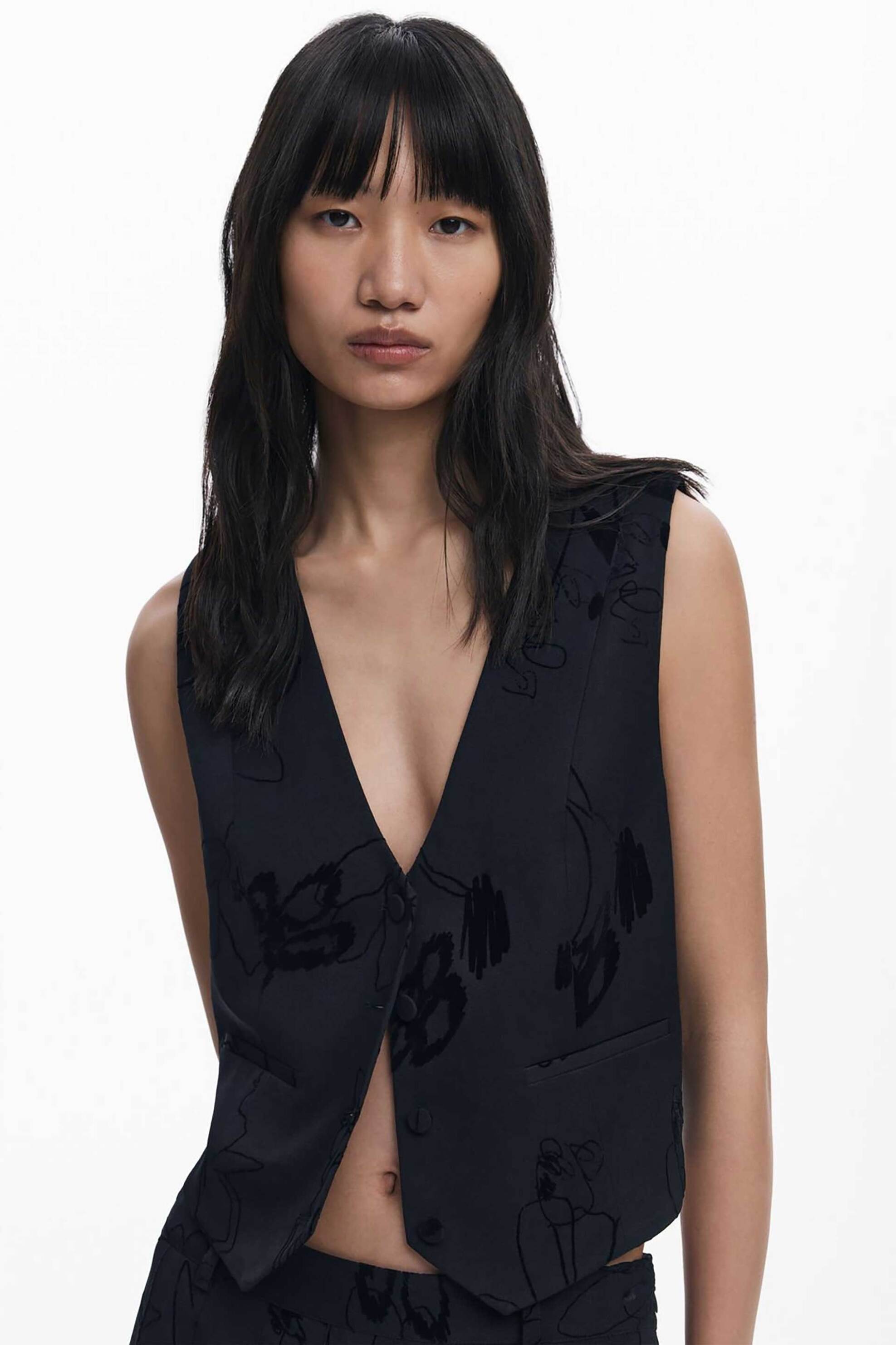 Desigual γυναικείο γιλέκο με floral σχέδια από βελούδο "Flock" - 25WWEW70 Μαύρο φωτογραφία