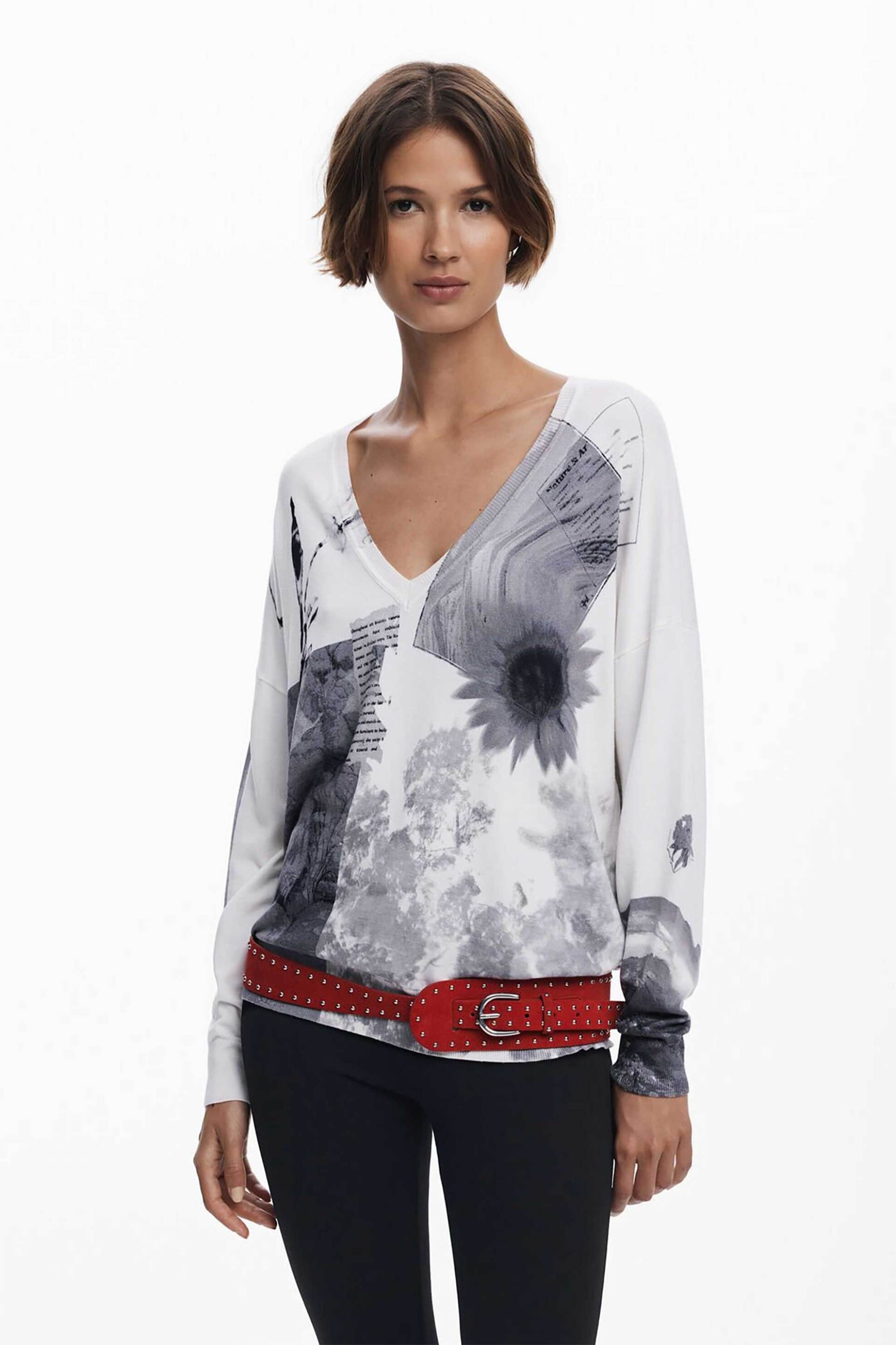 DESIGUAL Desigual γυναικείo λεπτό πουλόβερ με collage print Relaxed Fit "Gotemburgo" - 25WWJF15 Λευκό