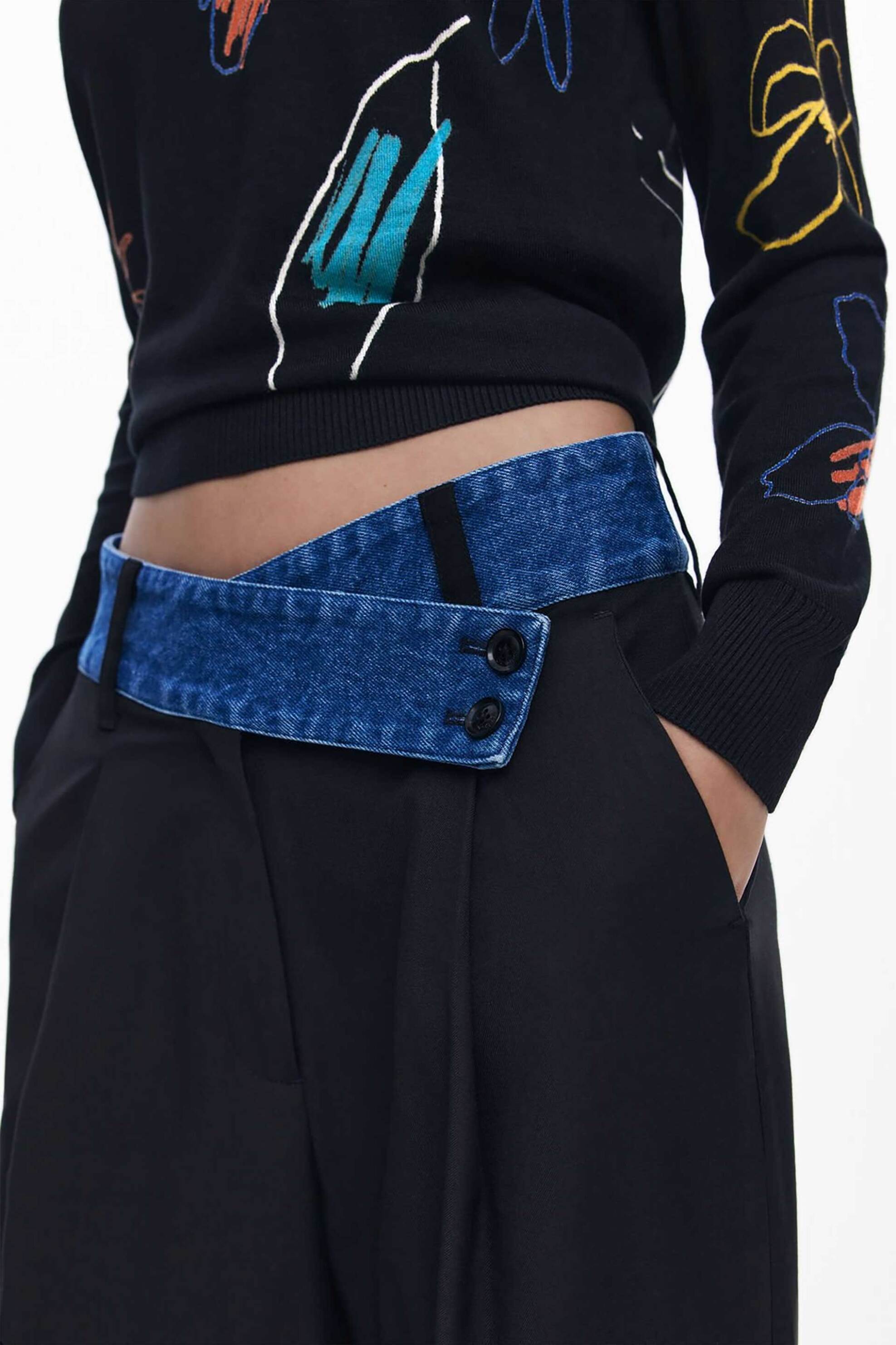 Desigual γυναικείο παντελόνι με denim μέση Relaxed Fit "Denimwaist" - 25WWPW03 Μαύρο φωτογραφία