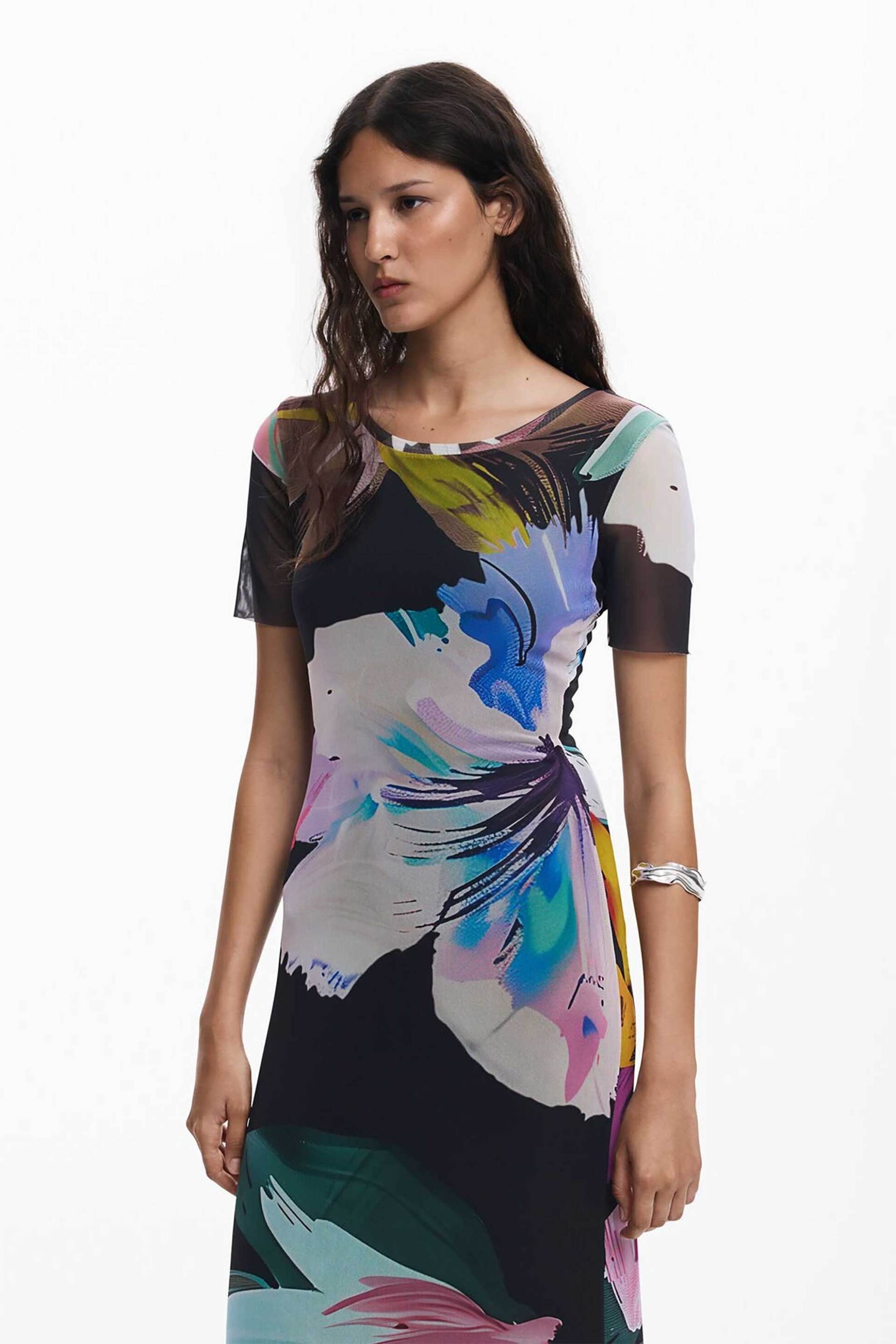 Desigual γυναικείο midi φόρεμα με floral print Slim Fit "Bernadette" - 25WWVK19 Μαύρο φωτογραφία