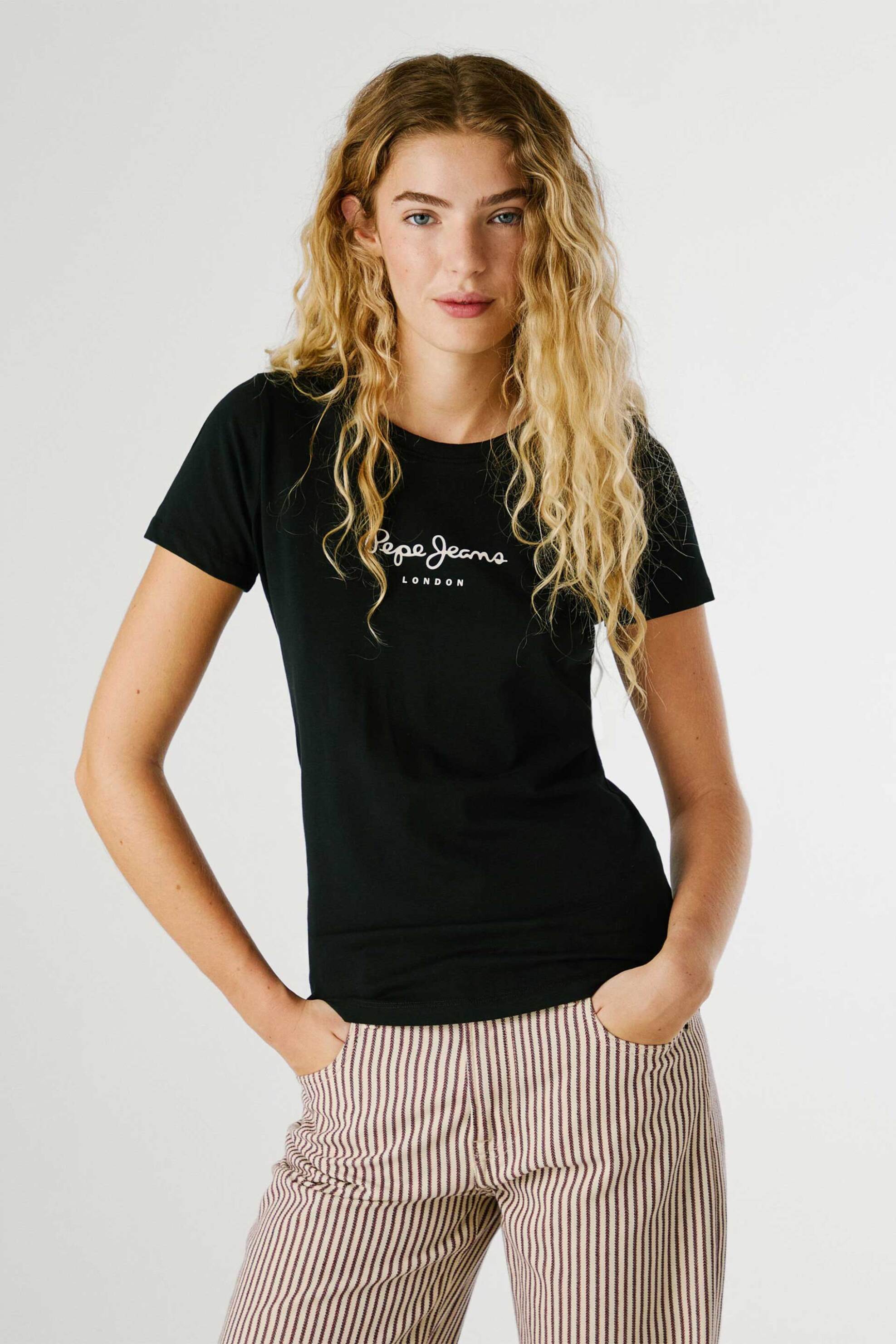 Pepe Jeans γυναικείο T-shirt μονόχρωμο με logo print - PL505202 Μαύρο