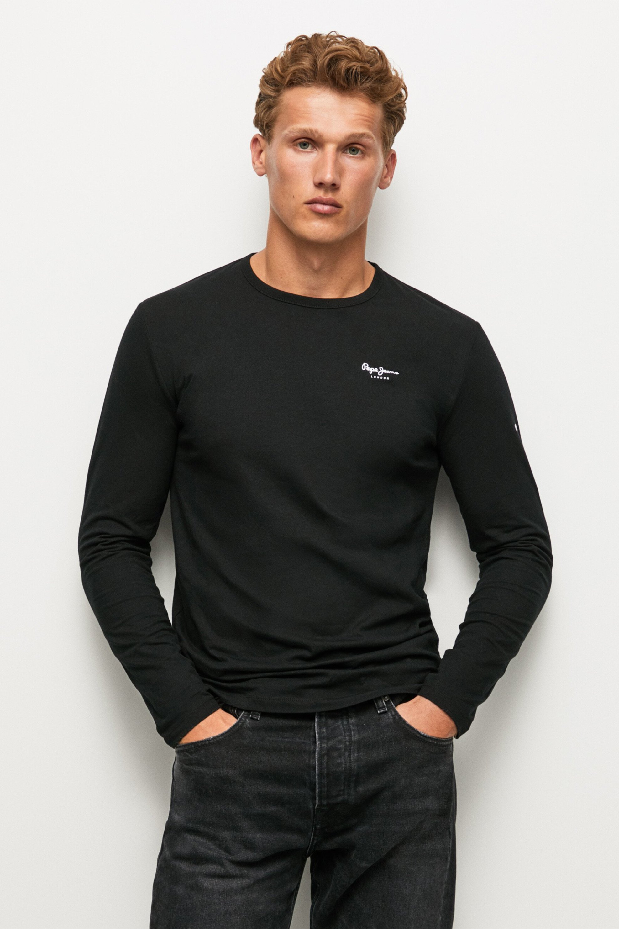 Pepe Jeans ανδρική μπλούζα μονόχρωμη με logo print "Original Basic 2" - PM508211 Μαύρο