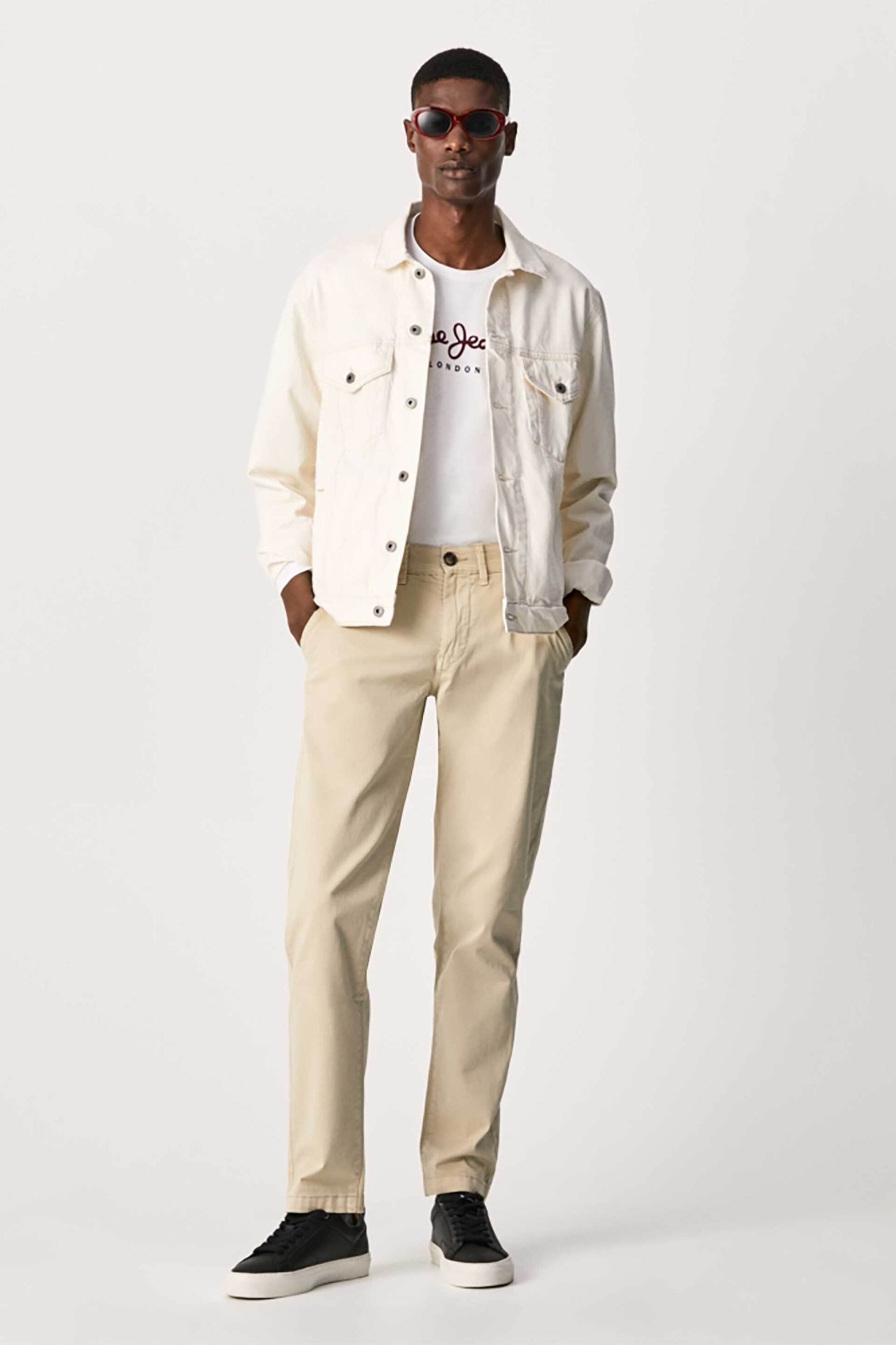 Pepe Jeans ανδρικό chino παντελόνι μονόχρωμο με logo patch στο πλάι "Sloane" - PM211491C342 Μπεζ