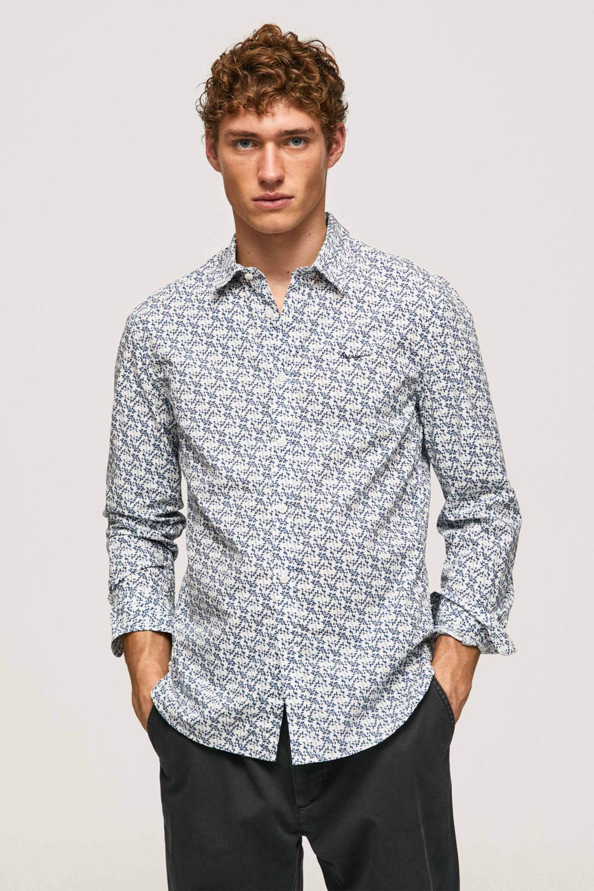 Pepe Jeans ανδρικό πουκάμισο με floral pattern και κεντημένο λογότυπο Slim Fit - PM307783 Λευκό