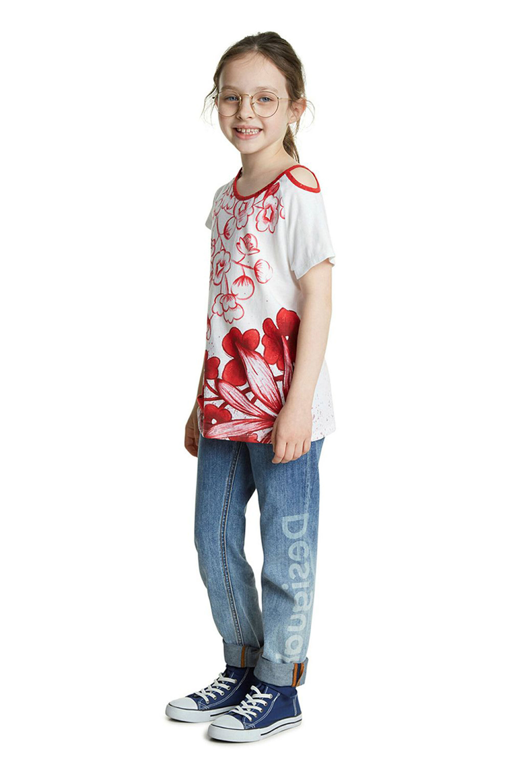 Desigual παιδικό floral T-shirt με ανοίγματα - 20SGTK01 Λευκό φωτογραφία