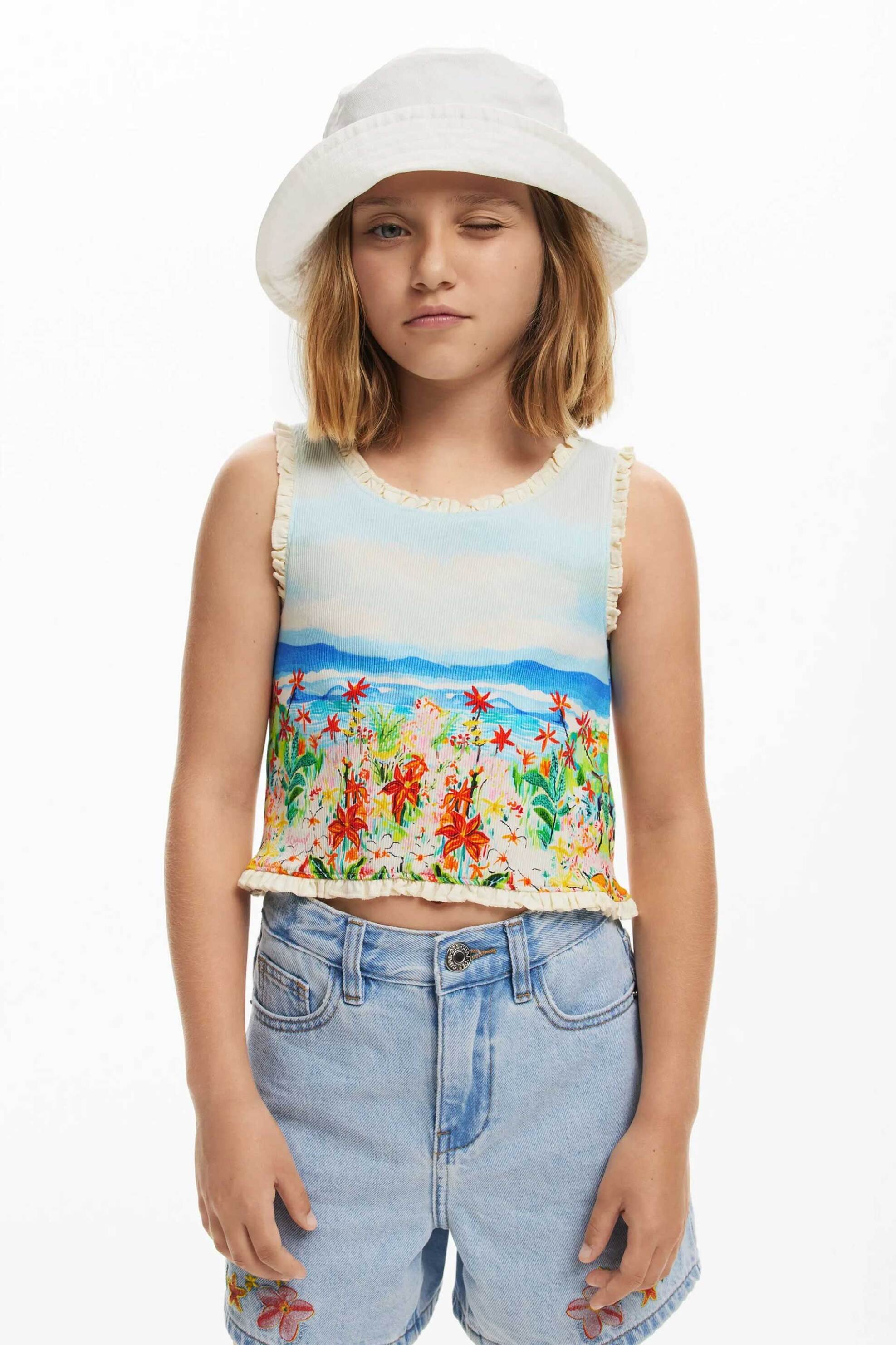 Desigual παιδική αμάνικη μπλούζα ribbed με landscape print και βολάν στα τελειώματα - 25SGTK06 Πολύχρωμο