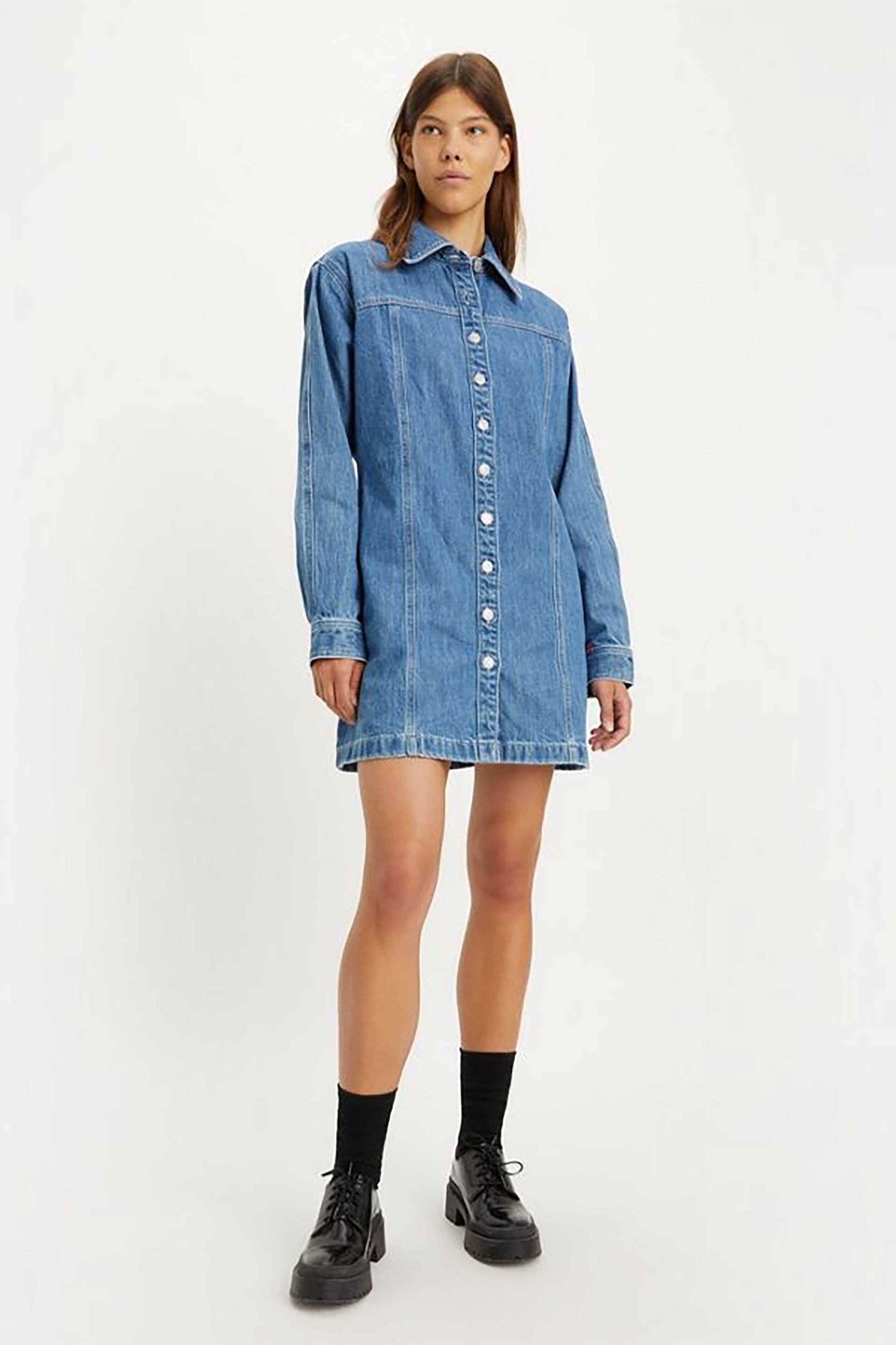 Levi's® γυναικείο denim mini φόρεμα με γιακά και μακρύ μανίκι "Shay" - A458500-01 Denim Blue