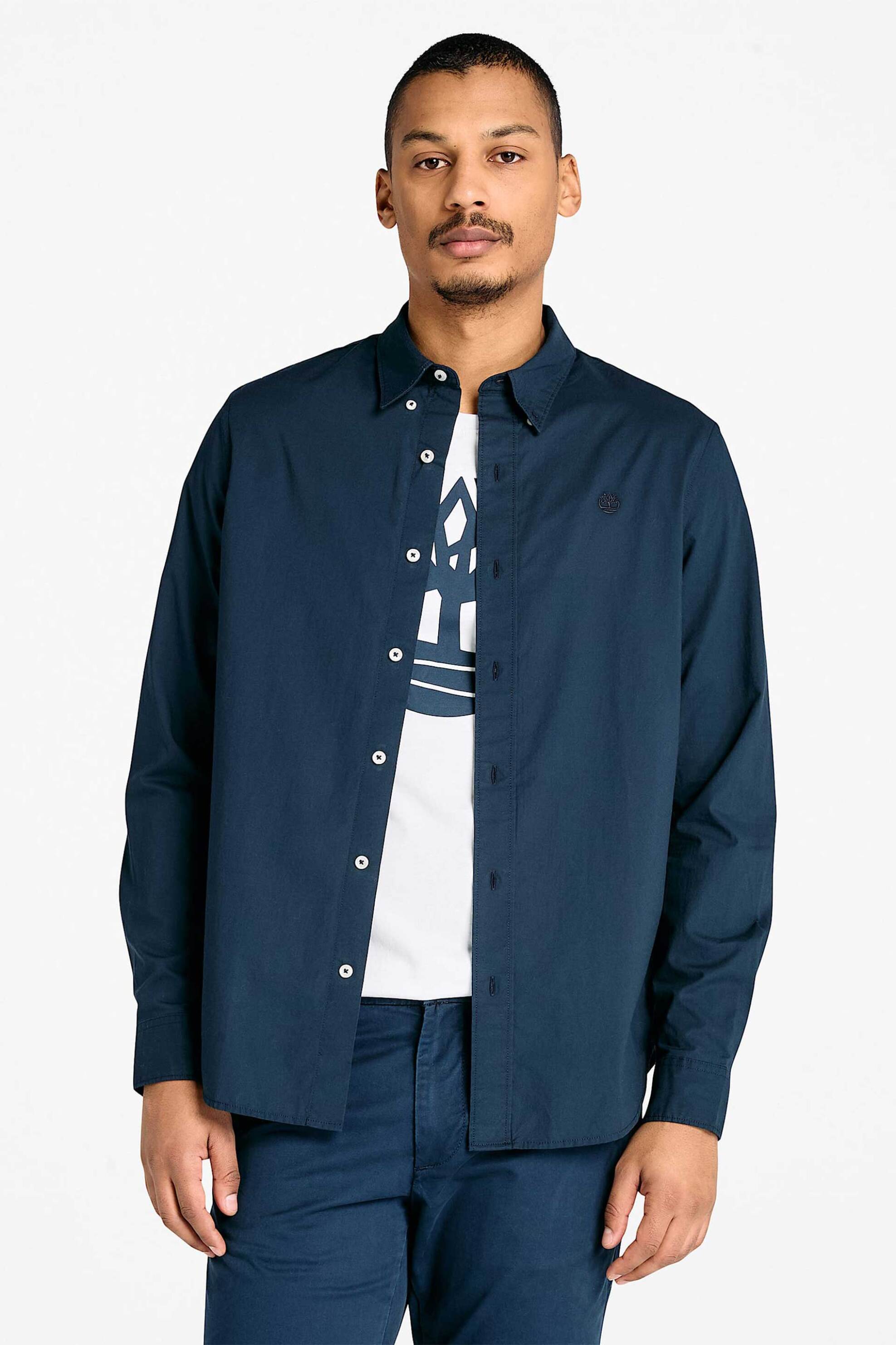 Timberland ανδρικό πουκάμισο poplin button down με κεντημένο λογότυπο Regular Fit - TB0A6GRH4331 Μπλε Σκούρο